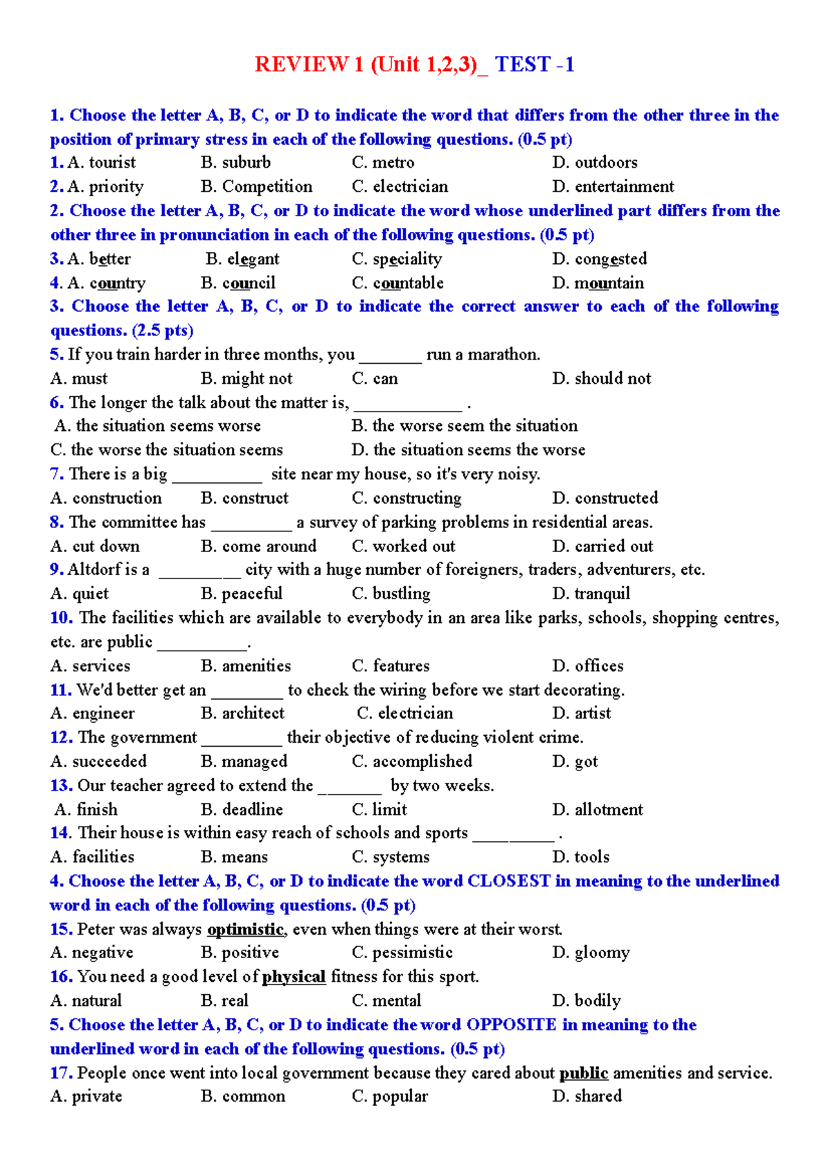 REVIEW 1 - Practice TEST 1 (Units 1, 2, 3) - HS - Studocu