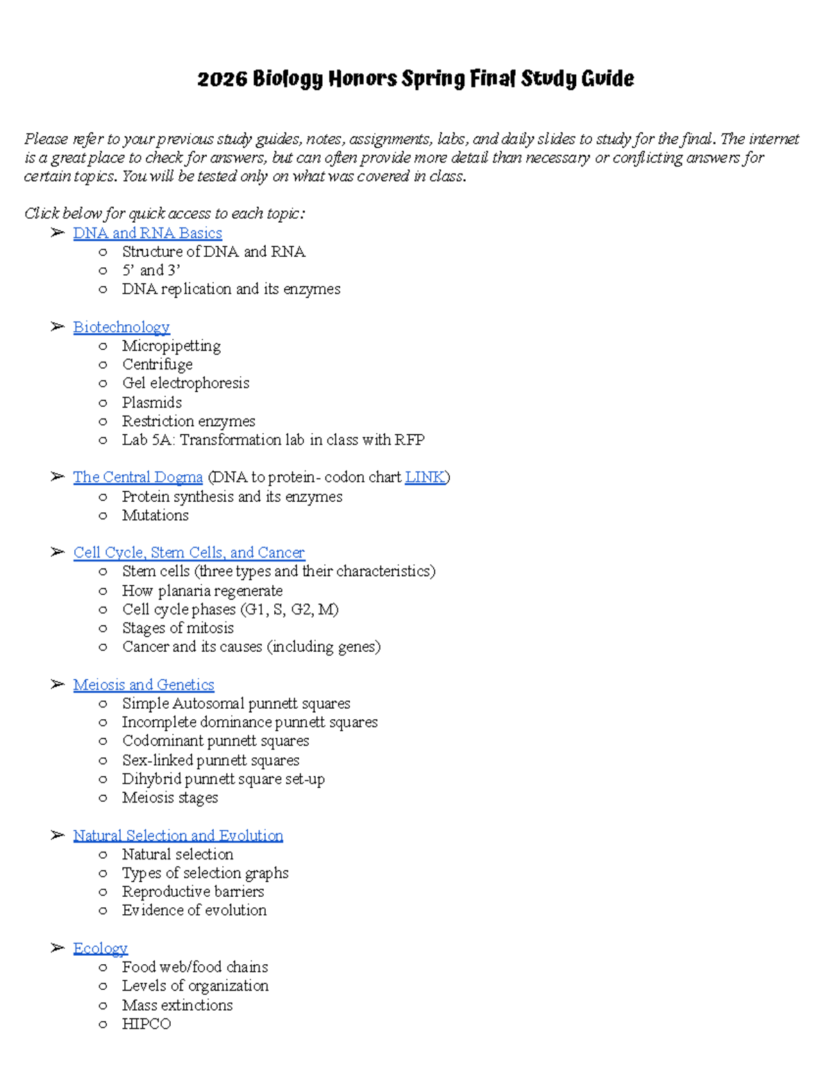 2026 Biology Honors Spring Final Study Guide - Studocu