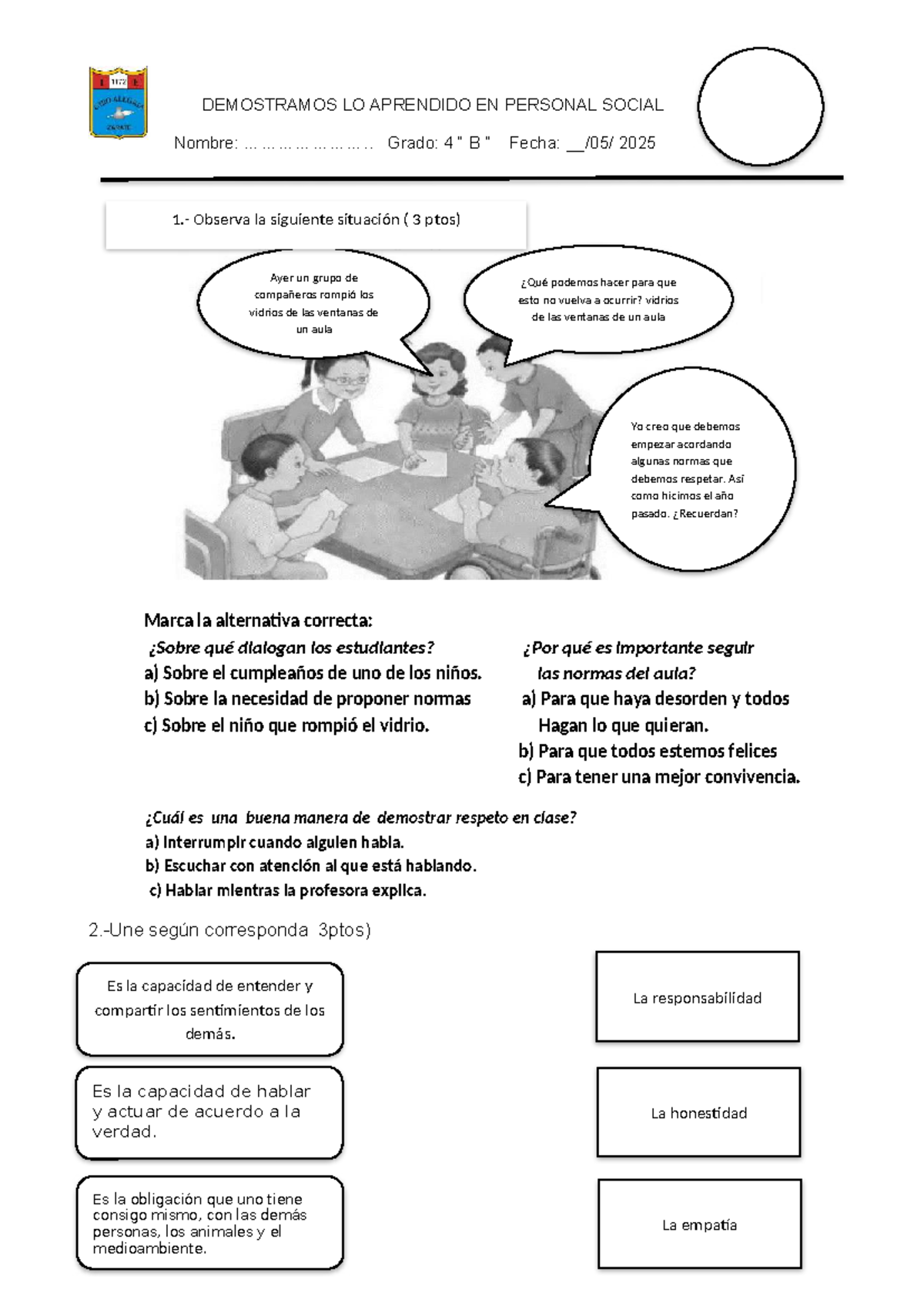 EXAmen Personal Social Grado 4B: Reflexiones y Normas de Convivencia ...