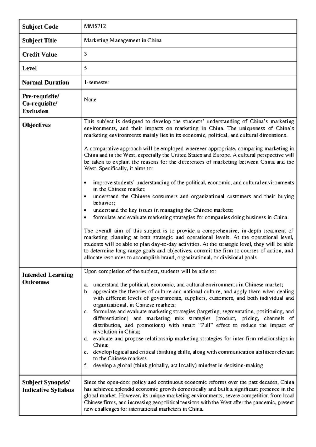 MM5712 Marketing Management in China: Sample Syllabus Overview - Studocu