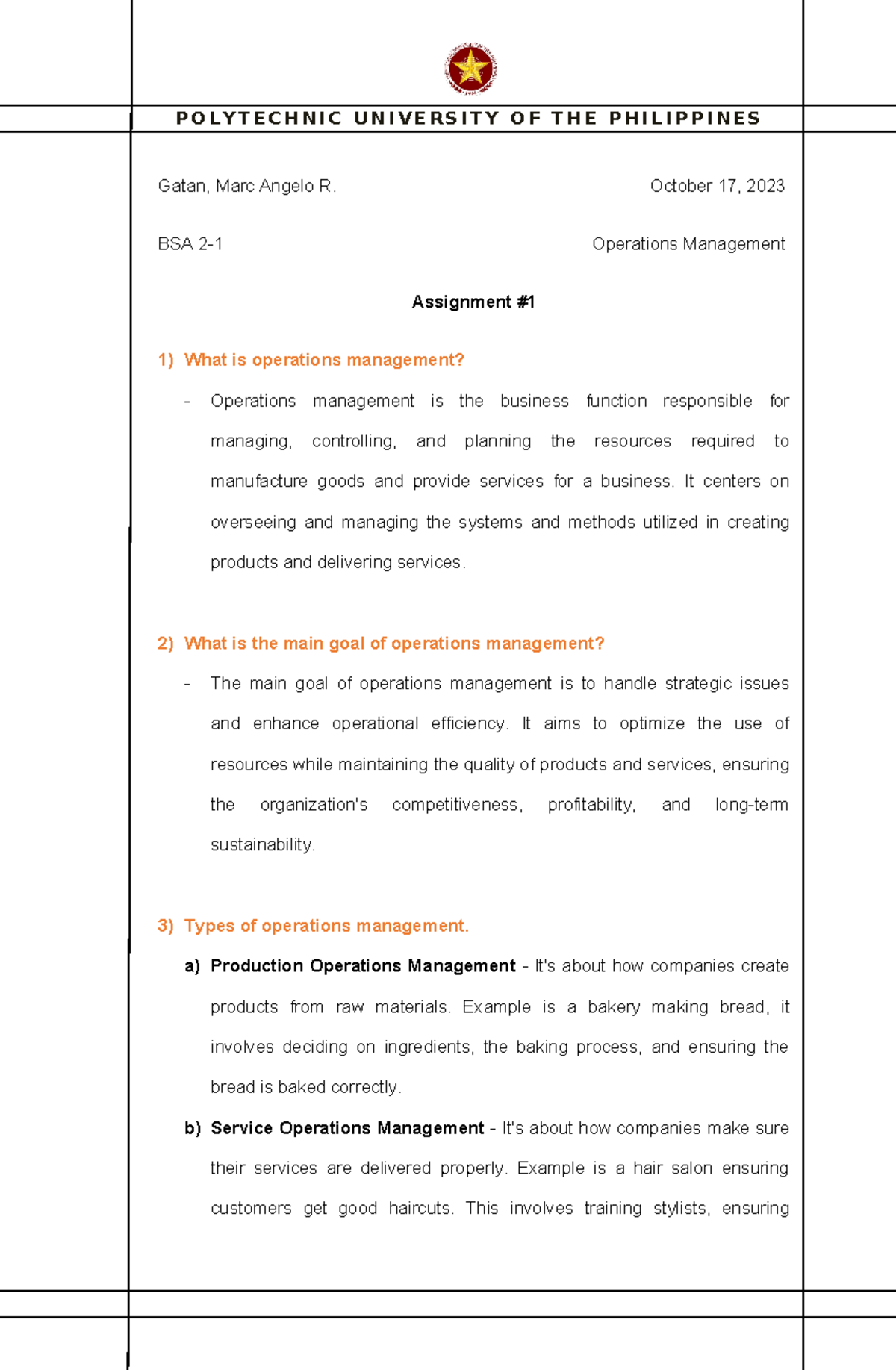 Operations Management Overview - BSA 2-1 Assignment Notes - Studocu