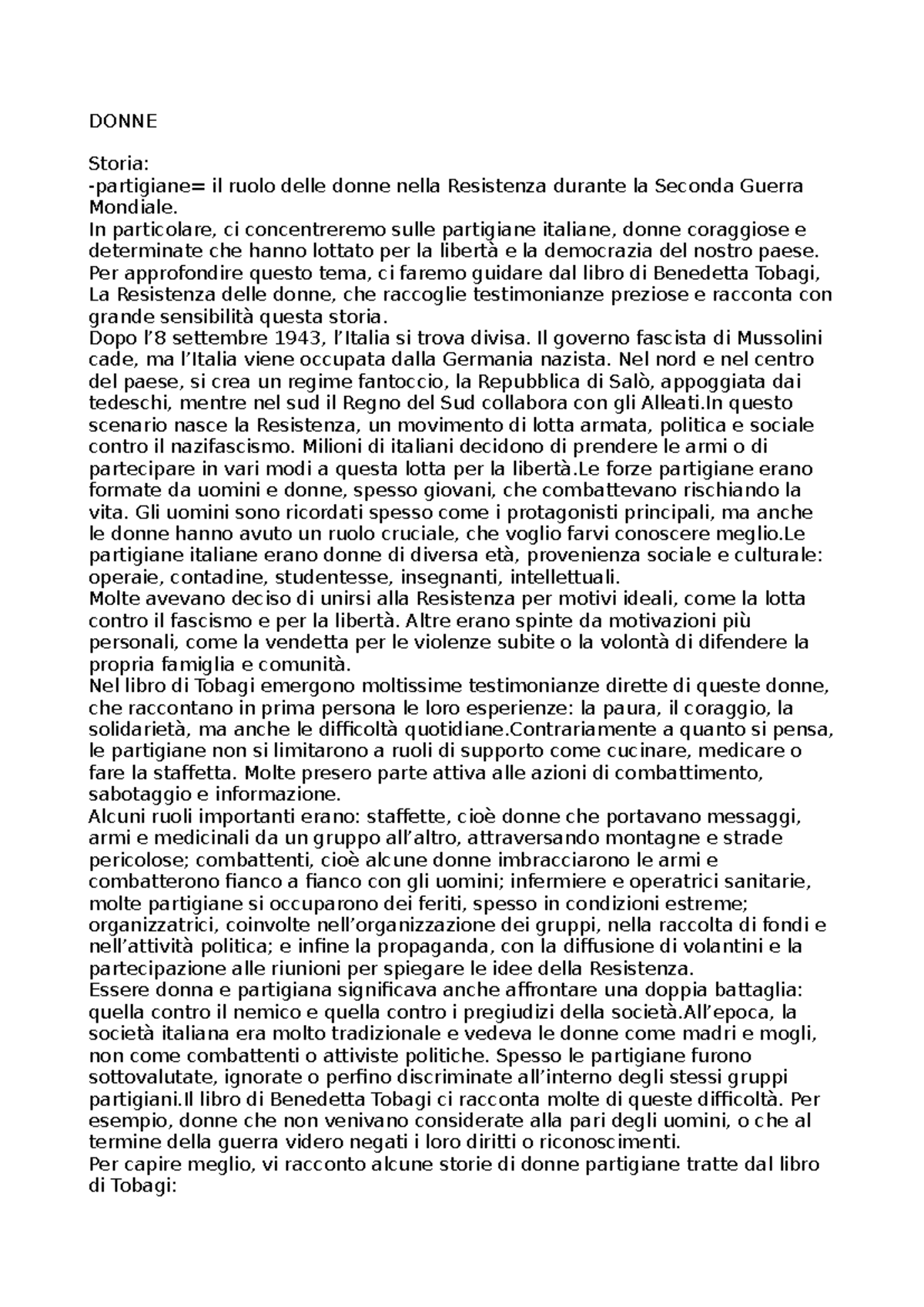 DONNE Storia: Il Ruolo delle Partigiane nella Resistenza Italiana - Studocu