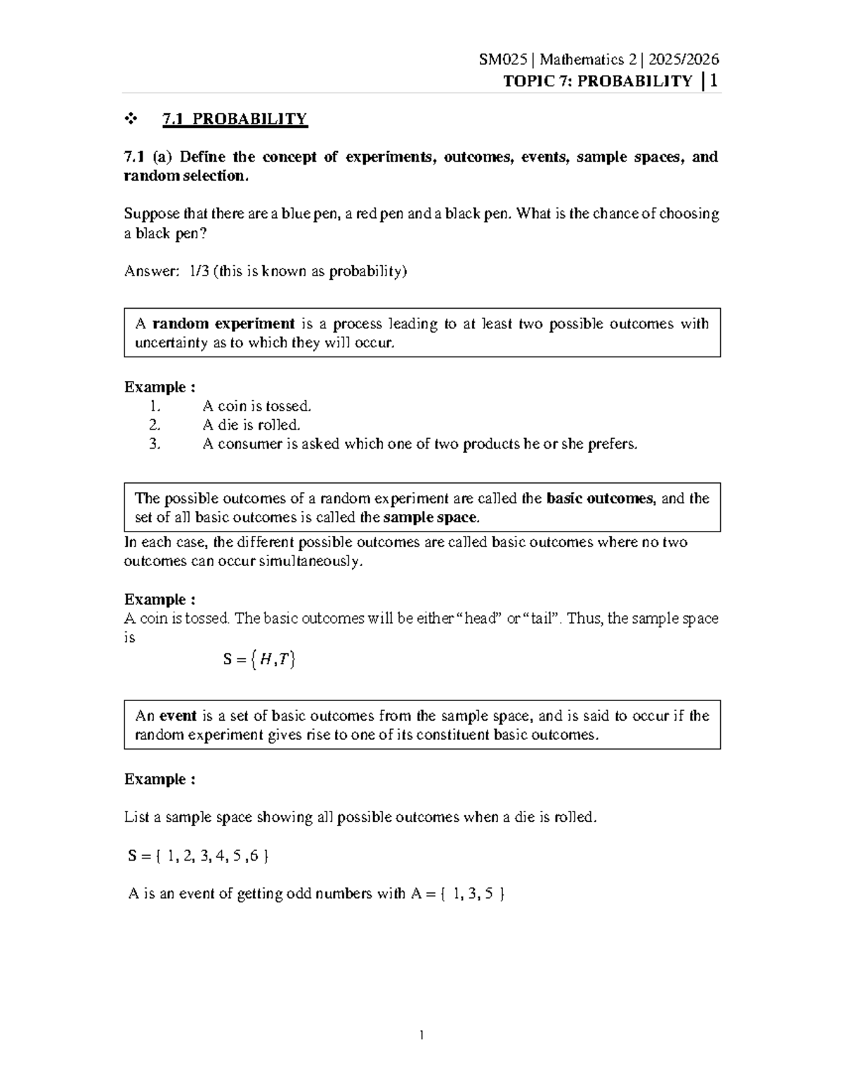 SM025 Mathematics 2: Topic 7 - Probability Concepts and Examples - Studocu