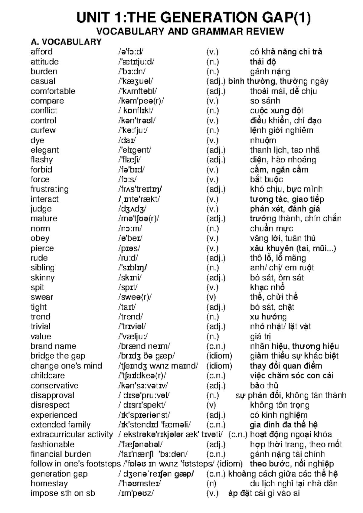 UNIT 1 (L11) - Vocabulary & Grammar Review on Generation Gap - Studocu