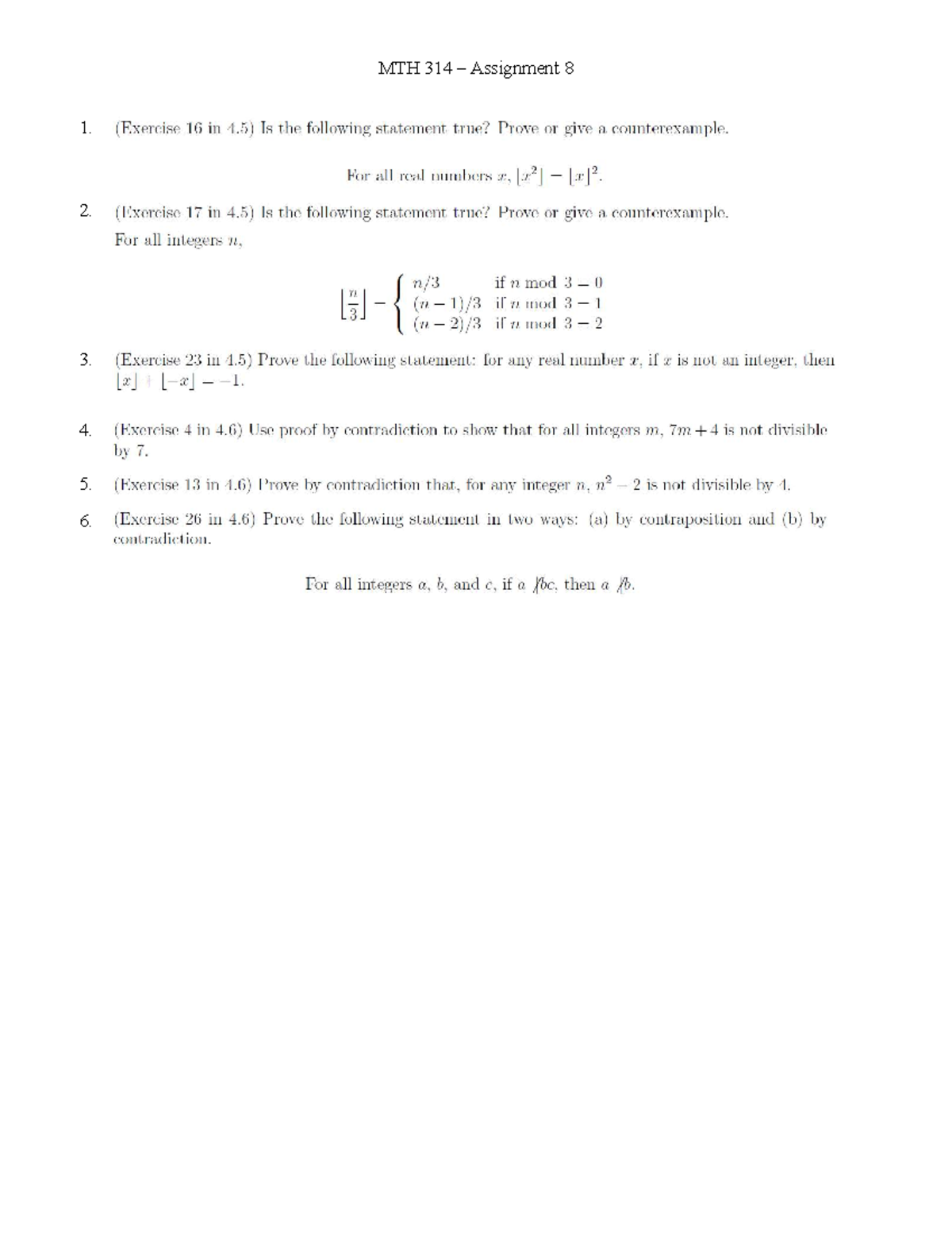 MTH 314 Assignment 8: Proofs and Counterexamples in Exercises 4.5 & 4.6 ...