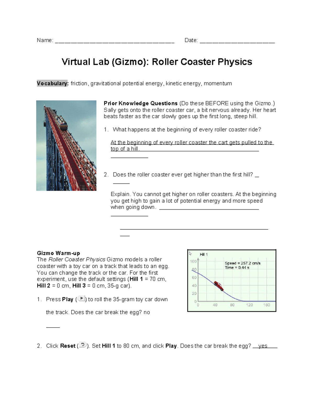 Virtual Lab Gizmo - Roller Coaster Physics - Name