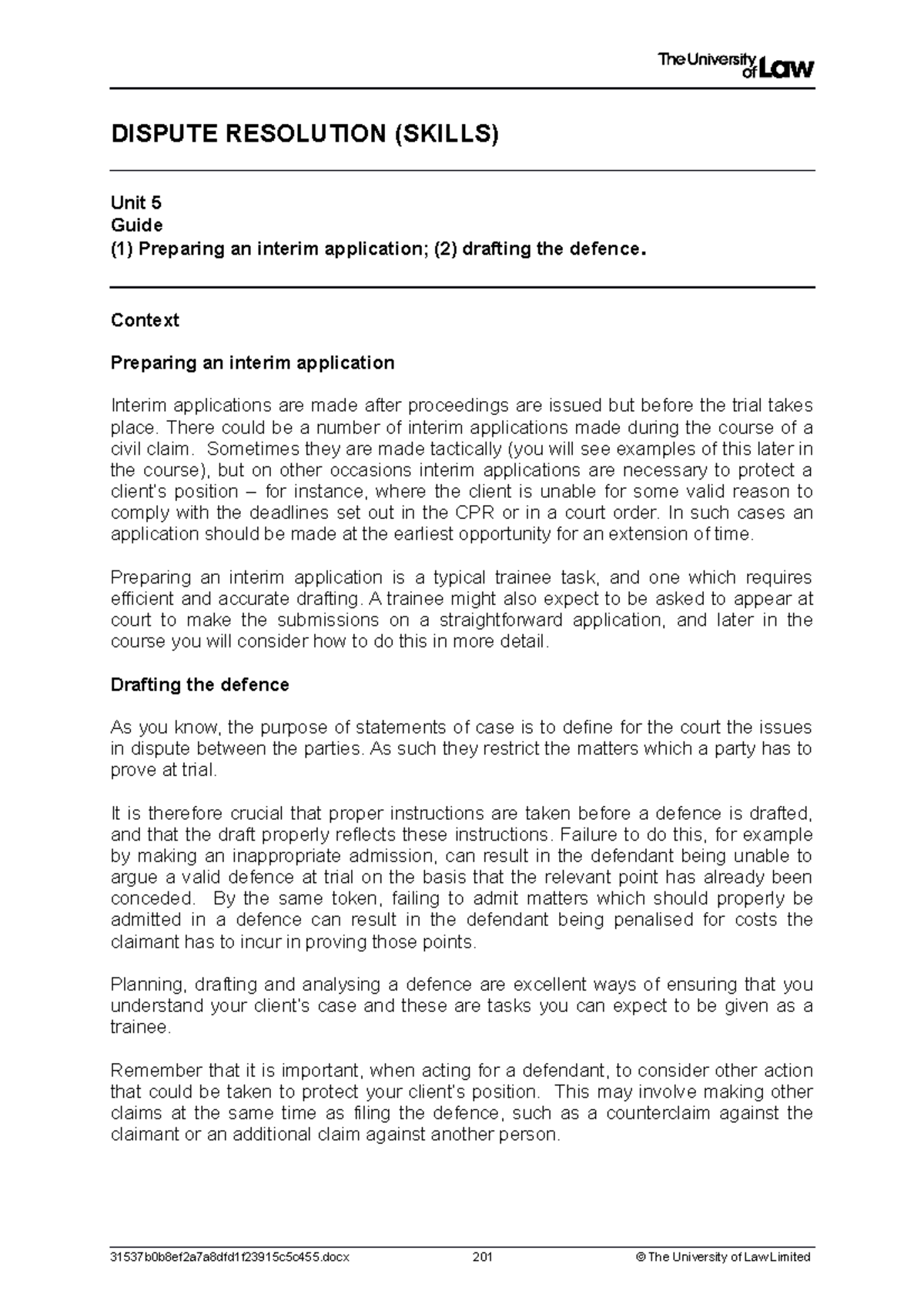 Dispute Resolution Skills Workshop Guide Unit 5: Applications & Defence ...