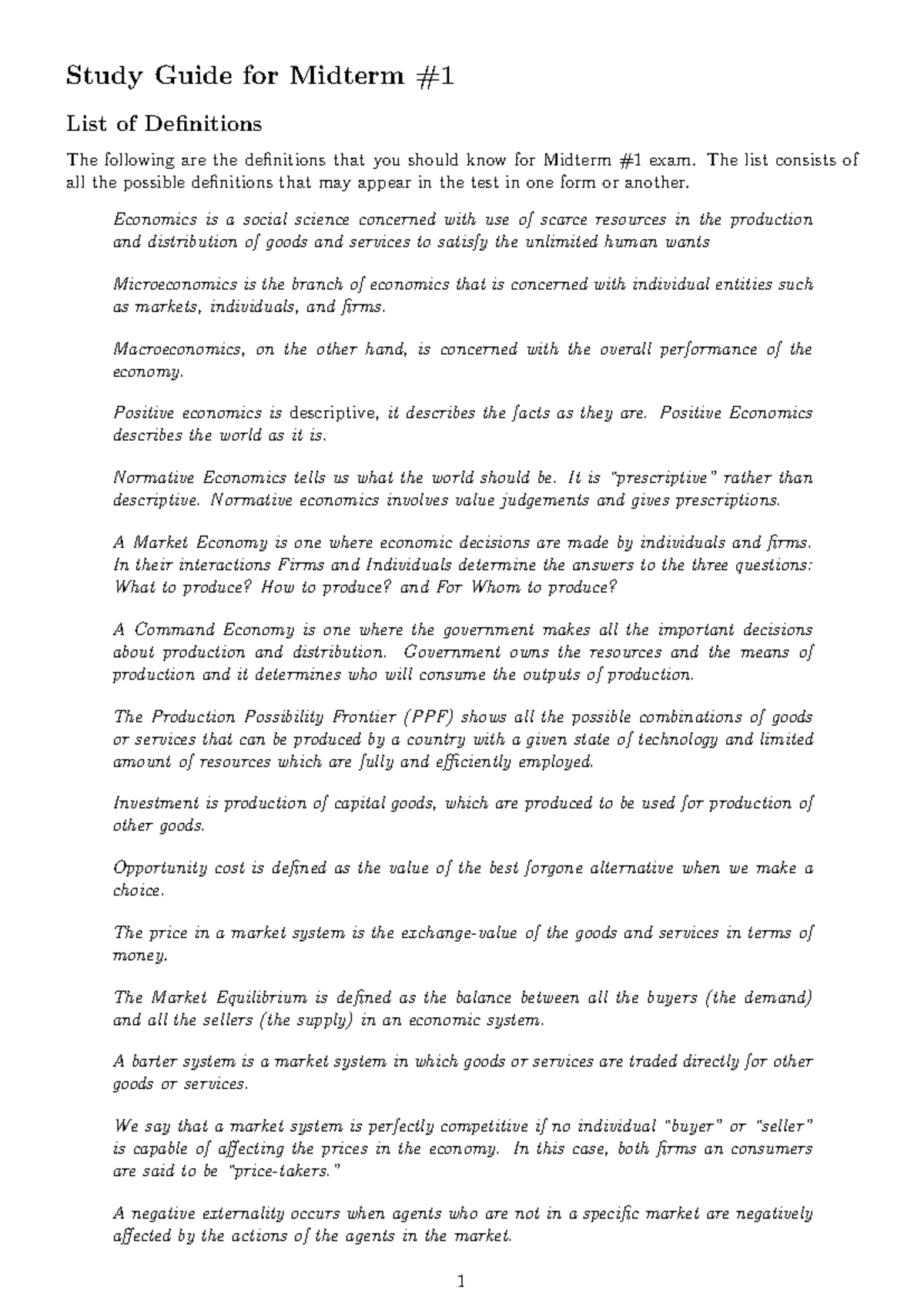 Study Guide Midterm 1 - Study Guide for Midterm List of Definitions The ...
