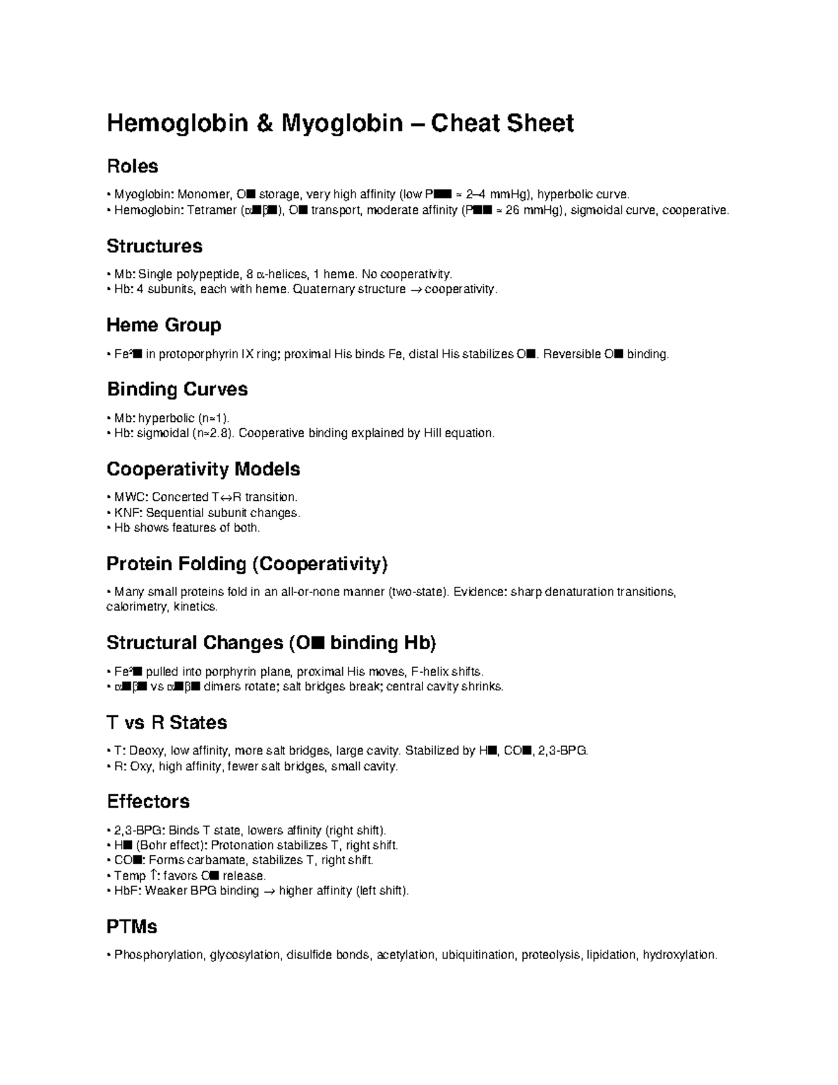 Hb & Mb Cheat Sheet: Roles, Structures, and Cooperativity - Studocu