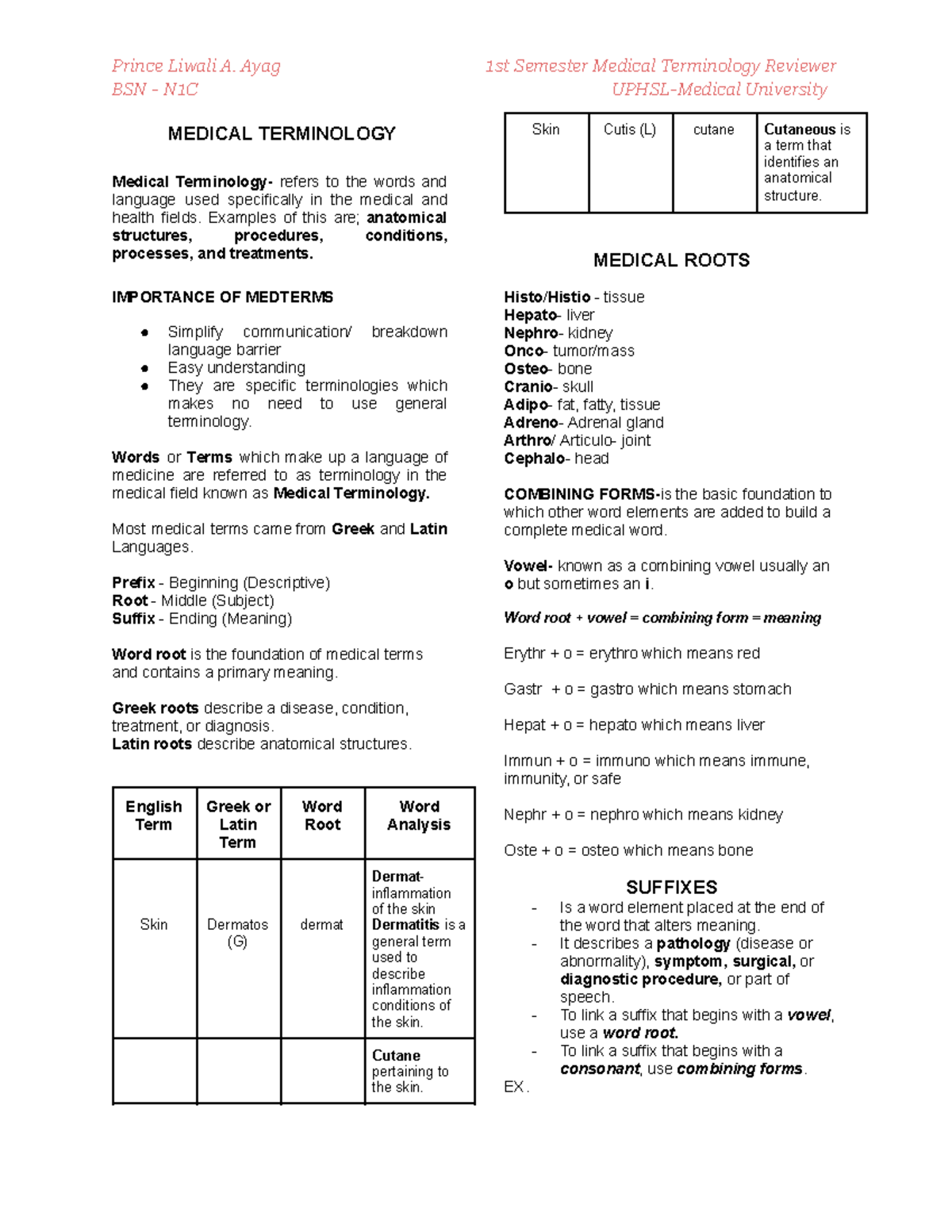 BSN - N1C Medical Terminology Overview and Key Concepts - Studocu