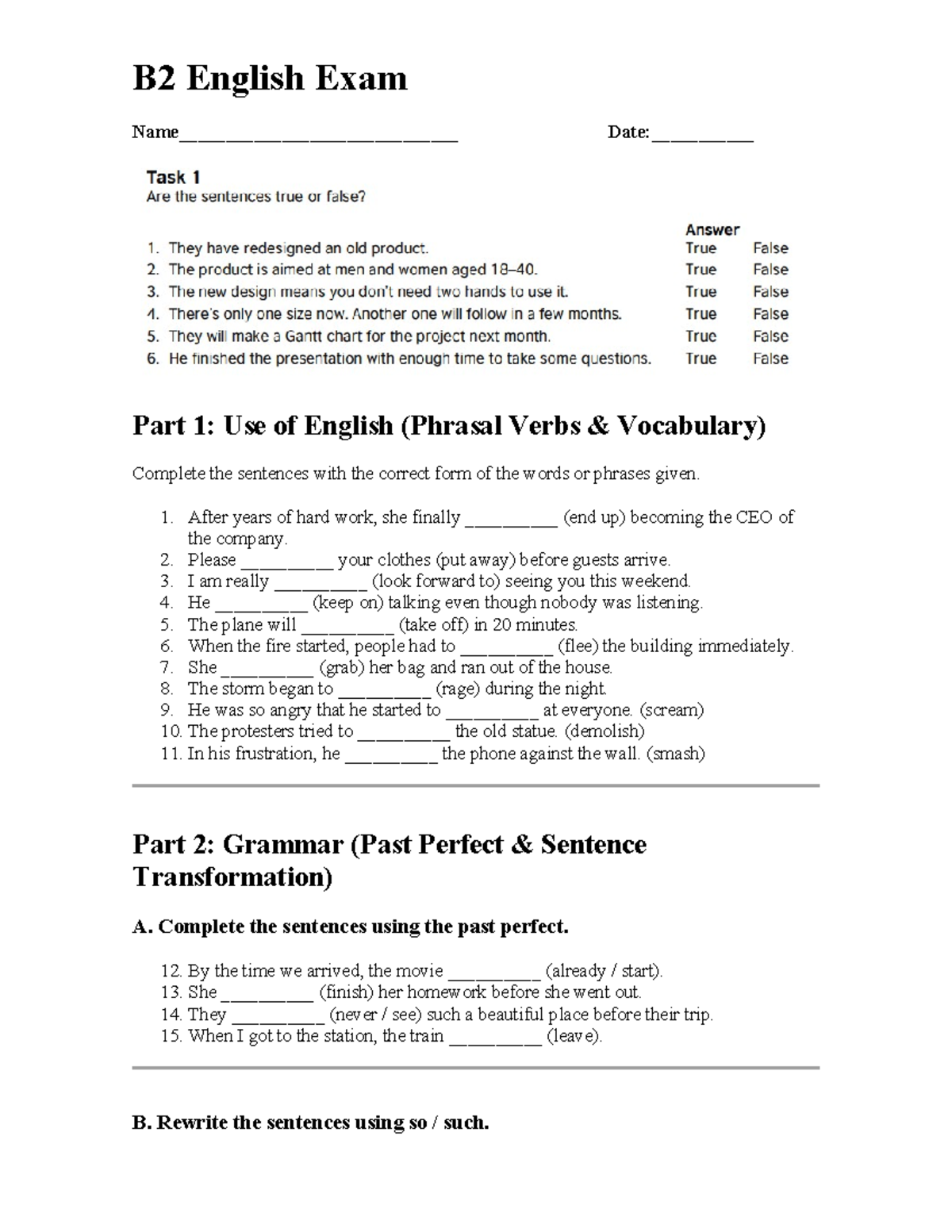 B2 English Exam - Phrasal Verbs & Grammar Notes - Studocu