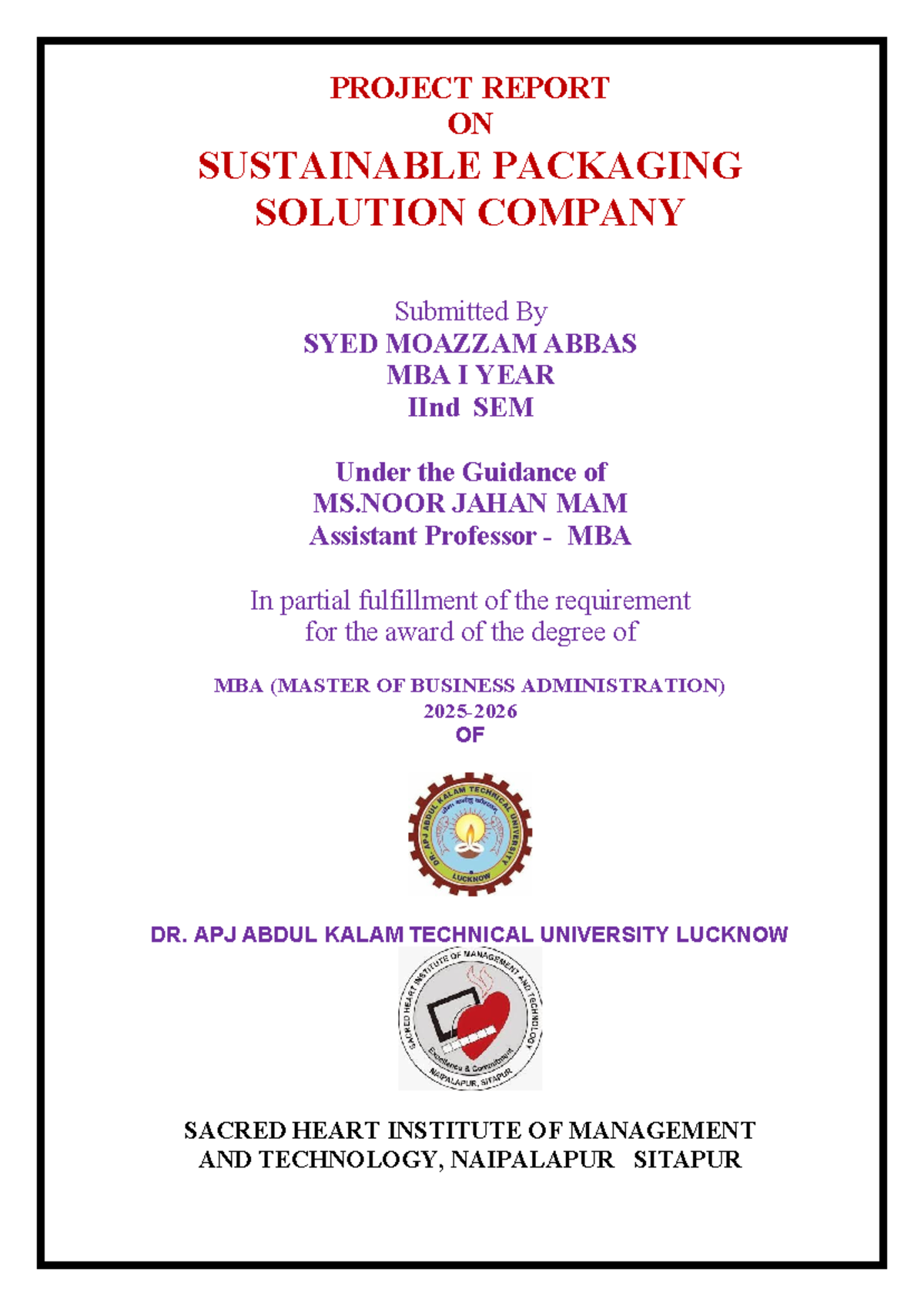 MBA I Year II SEM Project Report: Sustainable Packaging Solutions - Studocu