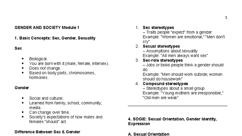 GENDER AND SOCIETY Module 1: Key Concepts and Issues Review - Studocu