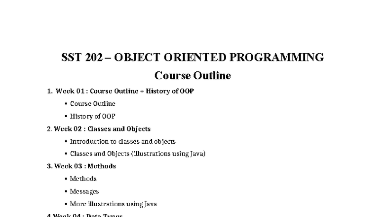 SST 202 OBJECT ORIENTED PROGRAMMING Detailed Course Outline - Studocu