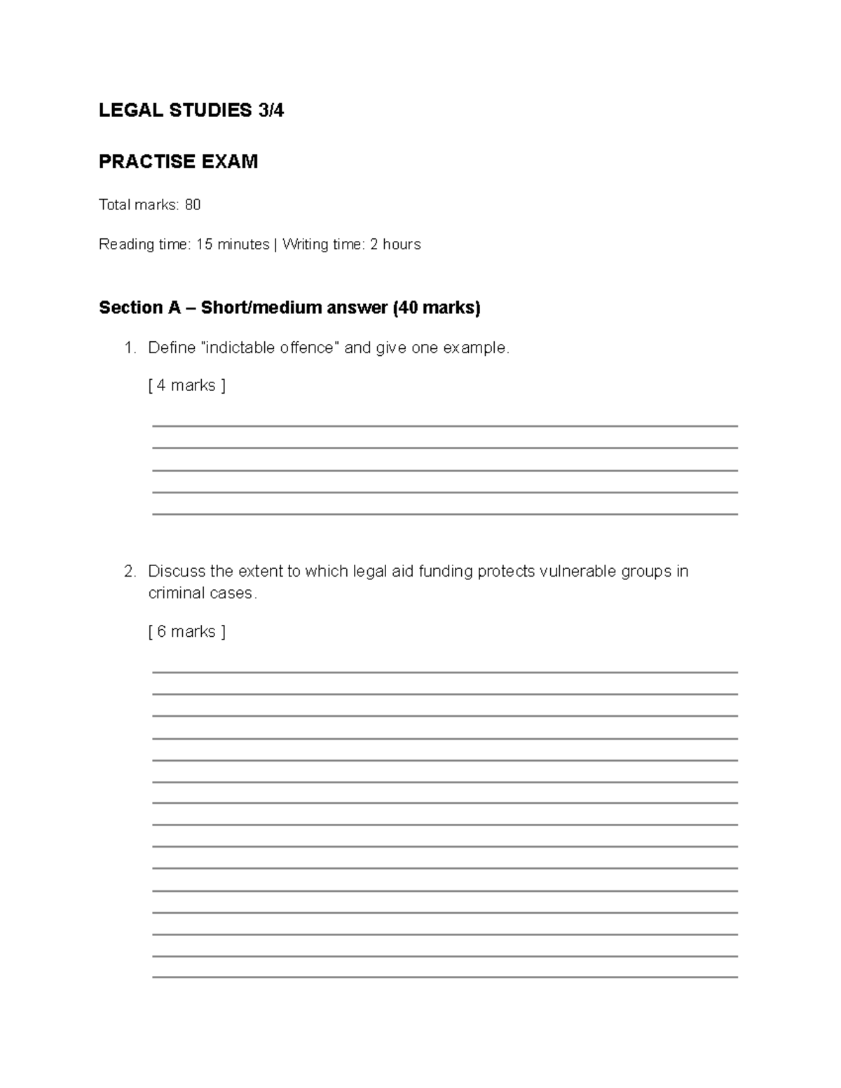 LEGAL STUDIES UNIT 3 PRACTICE EXAM - TOTAL MARKS: 80 - Studocu