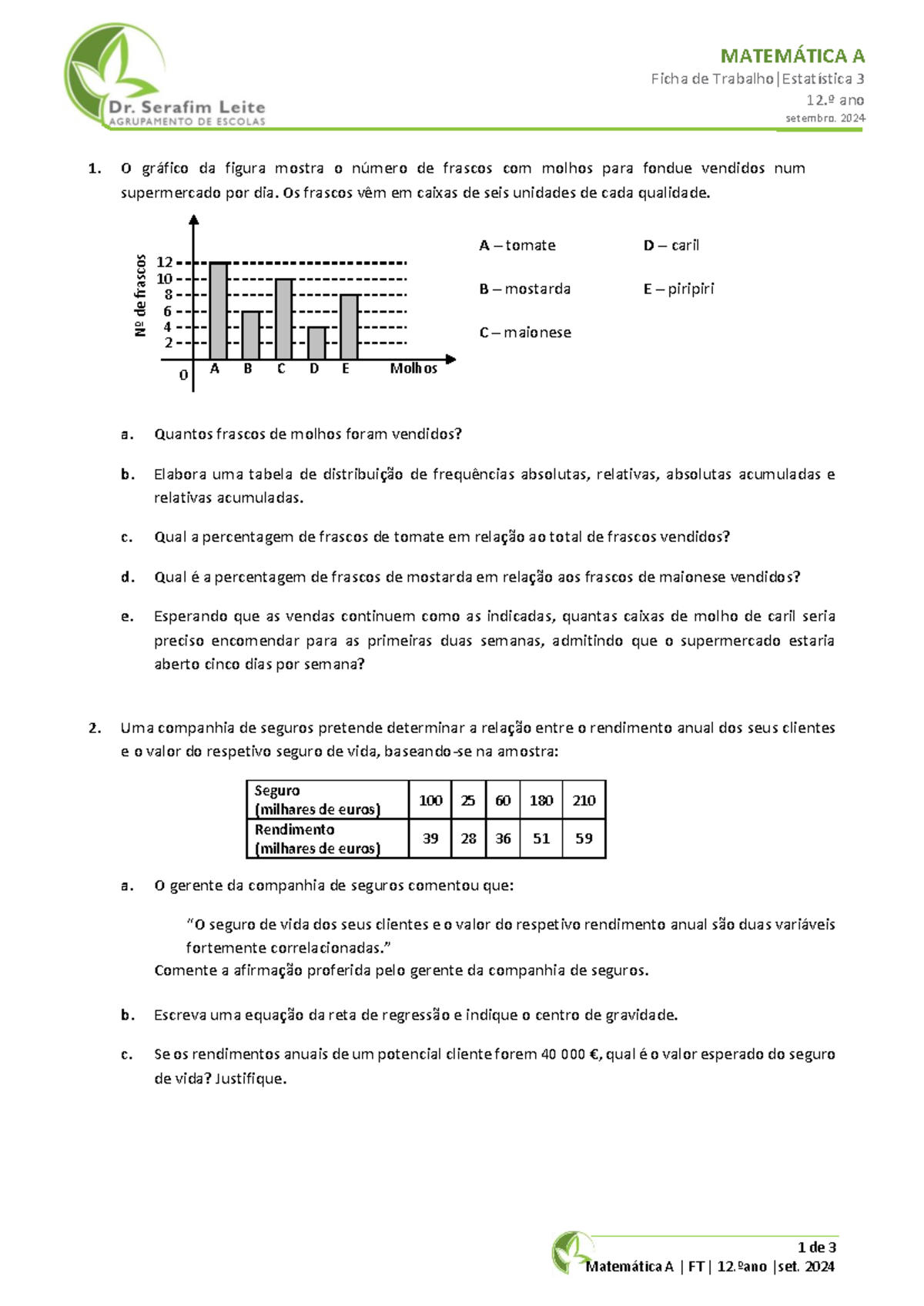 MATEMÁTICA A FT 12.º Ano - Ficha de Exercícios e Análise de Dados 2024 ...