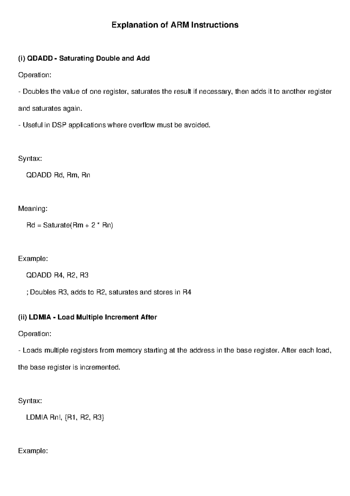 ARM Instructions Explanation: QDADD, LDMIA, BEQ, LSR Operations - Studocu