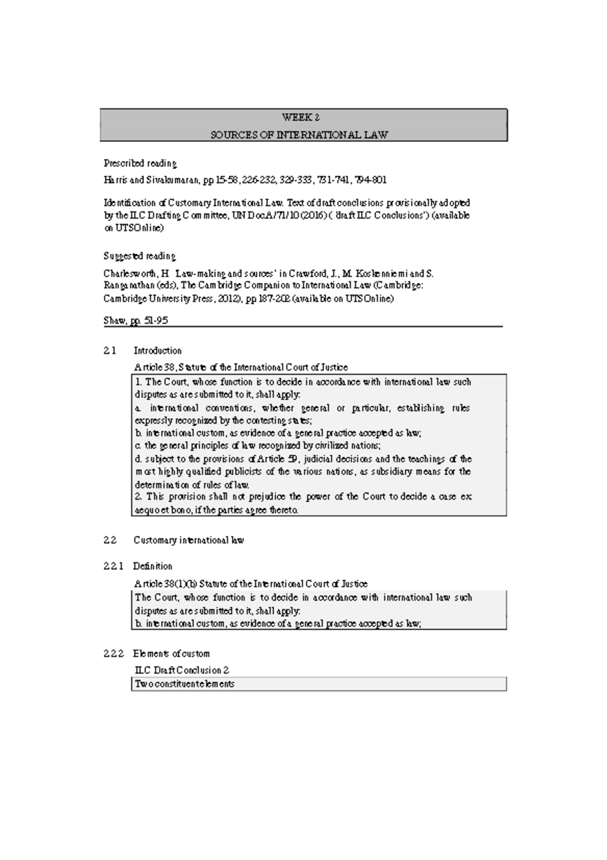 Sources of International law (week 1) - WEEK 2 SOURCES OF INTERNATIONAL ...