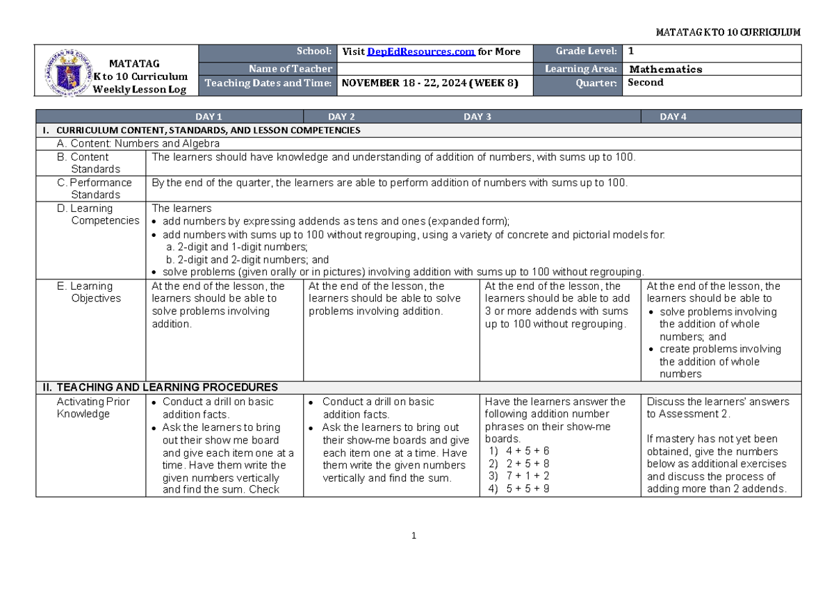 DLL Matatag Mathematics 1 Q2 W8: Weekly Lesson Log for Addition - Studocu