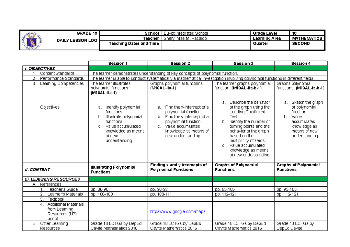 GRADE 10 DLL: 2nd Quarter Daily Lesson Log for Polynomial Functions ...