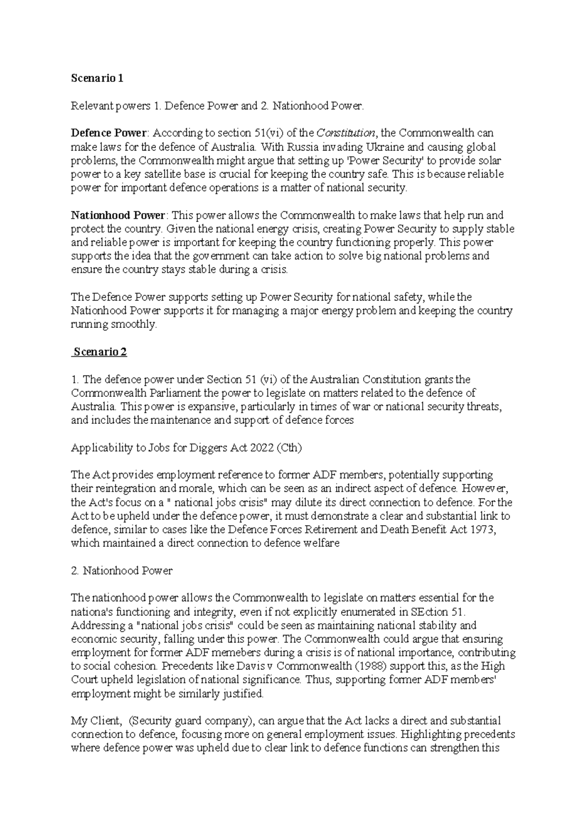 Constitutional LAW Notes - Scenario 1 Relevant powers 1. Defence Power ...