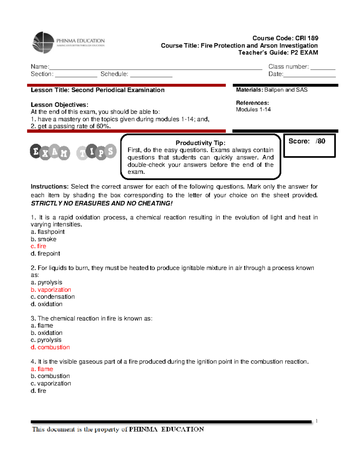 CRI 189 - Fire Protection & Arson Investigation: P2 Exam Reviewer - Studocu