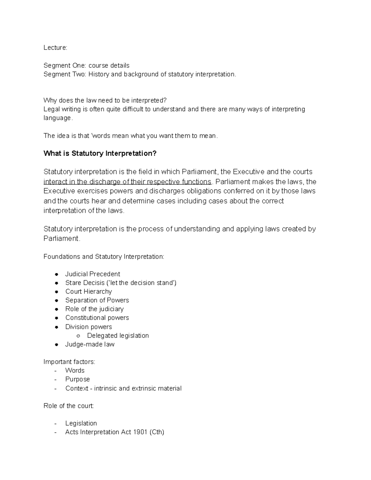 Statutory Interpretation Lecture Notes: Key Concepts & Processes - Studocu