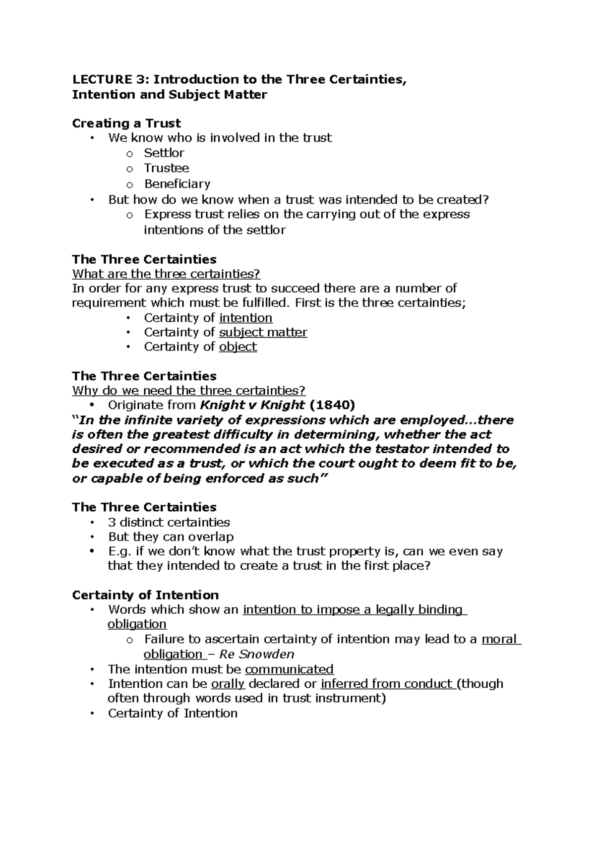 Lecture 3: Three Certainties in Trust Law - Intention & Subject Matter ...