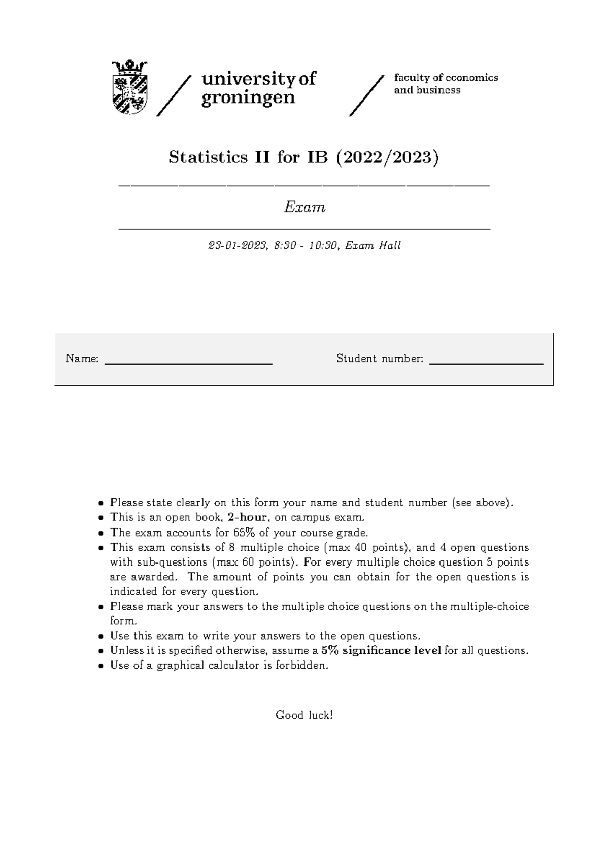 Statistics II Final Exam (2202/2023) – Questions & Answers - Studeersnel