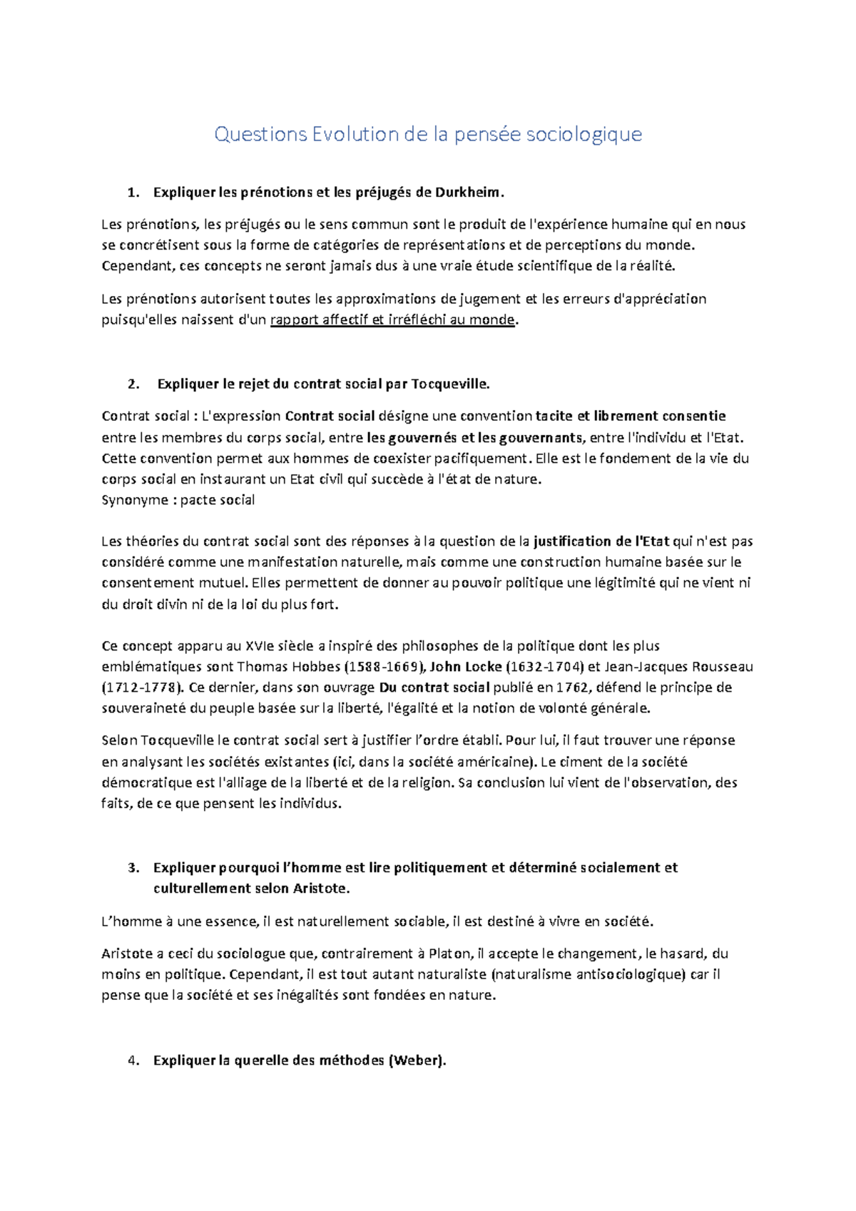 Questions D évolution De La Pensée Sociologique Eps Studocu
