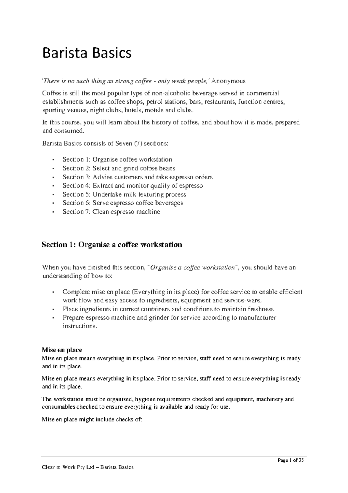 Barista Basics Course Notes (CTW) - Mastering Coffee Preparation - Studocu