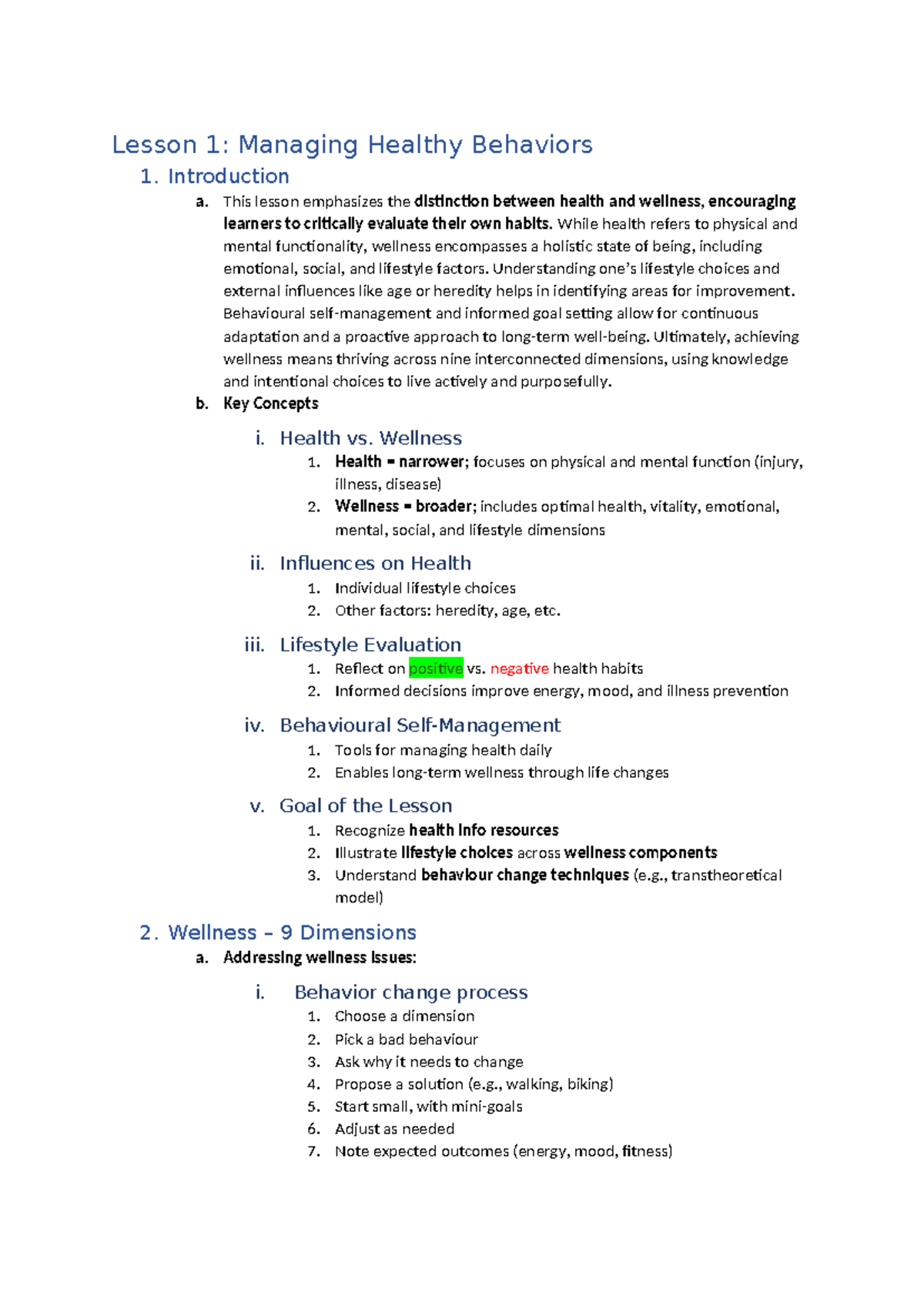 EXCI 251 Lesson 1: Managing Healthy Behaviors and Wellness - Studocu