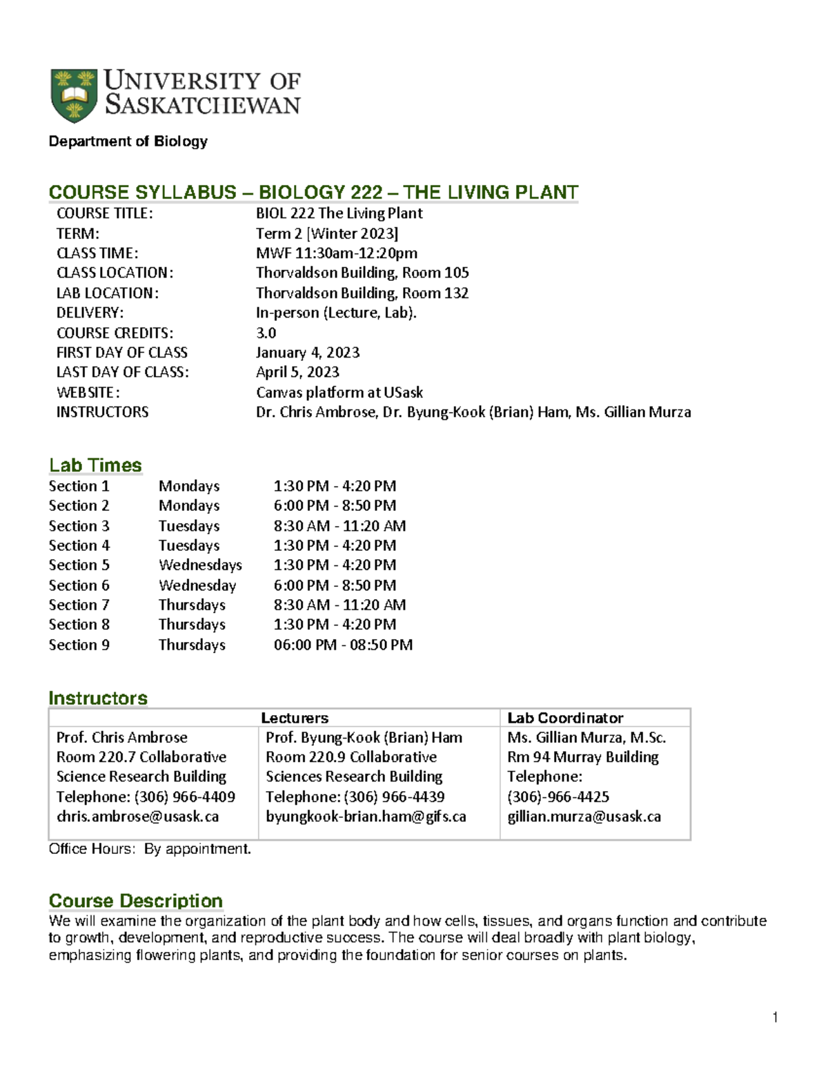 BIOL 222 Syllabus - winter 2023 - Department of Biology COURSE SYLLABUS ...