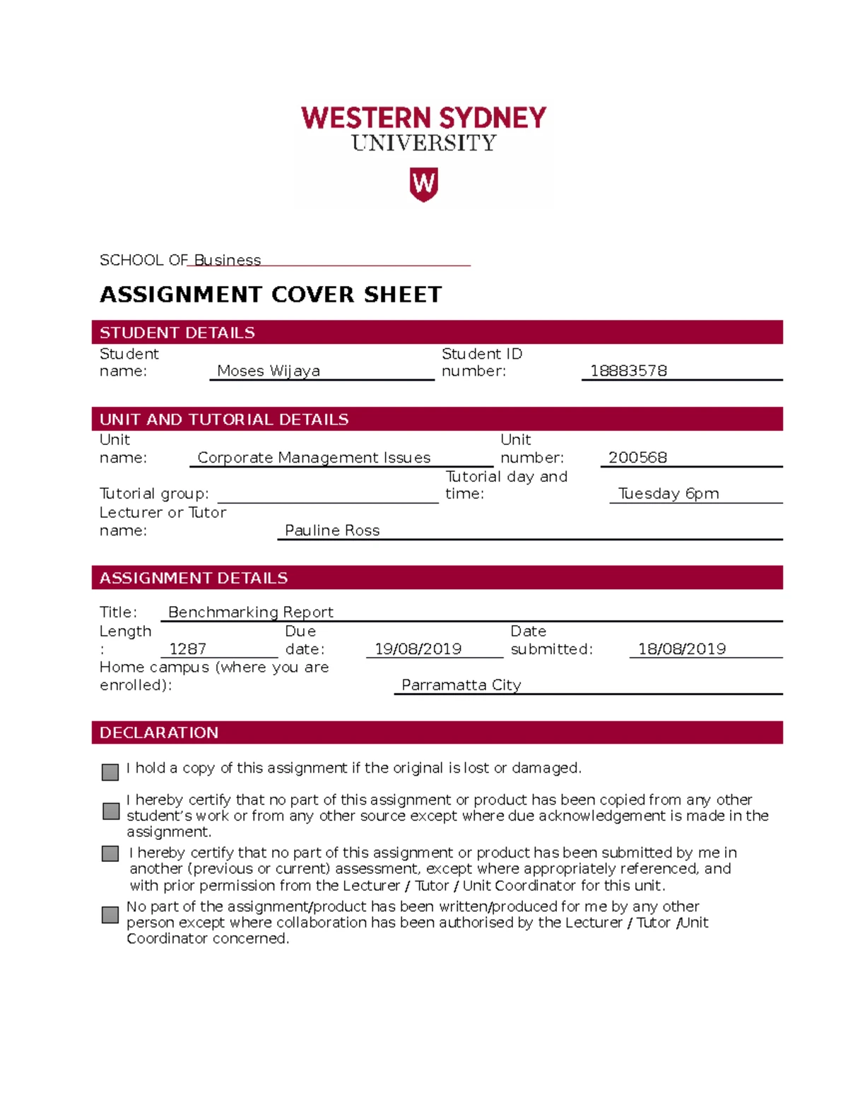 CMI Assignment - SCHOOL OF Business ASSIGNMENT COVER SHEET STUDENT ...
