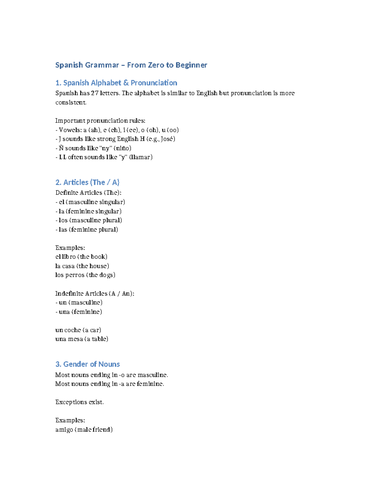 Spanish Grammar Basics: From Zero to Beginner 1 - Studocu