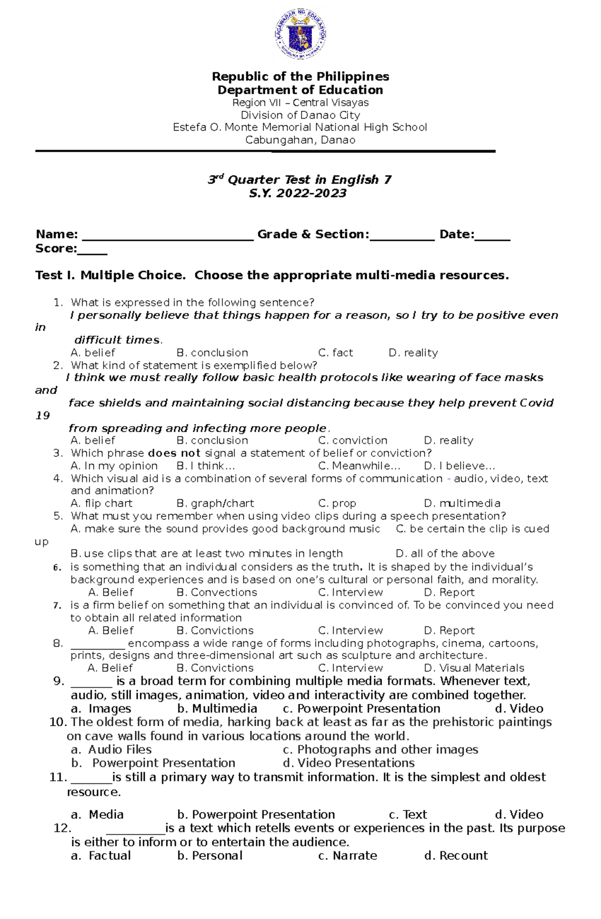 3rd Quarter Test (S.Y. 2022-2023) in English 7 - Assessment and Key ...