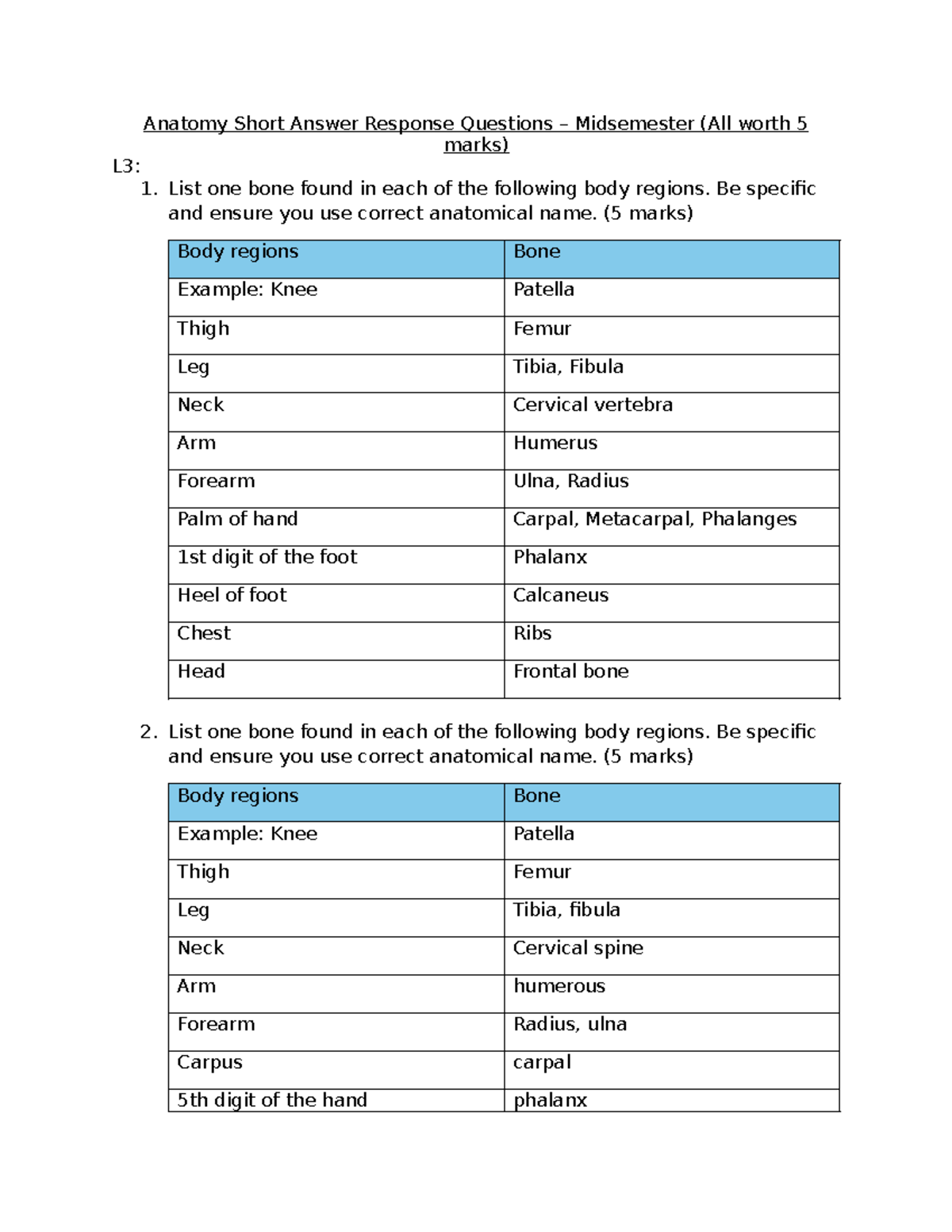 Anatomy Short Answer Response Questions - Midsem 2025 - Studocu