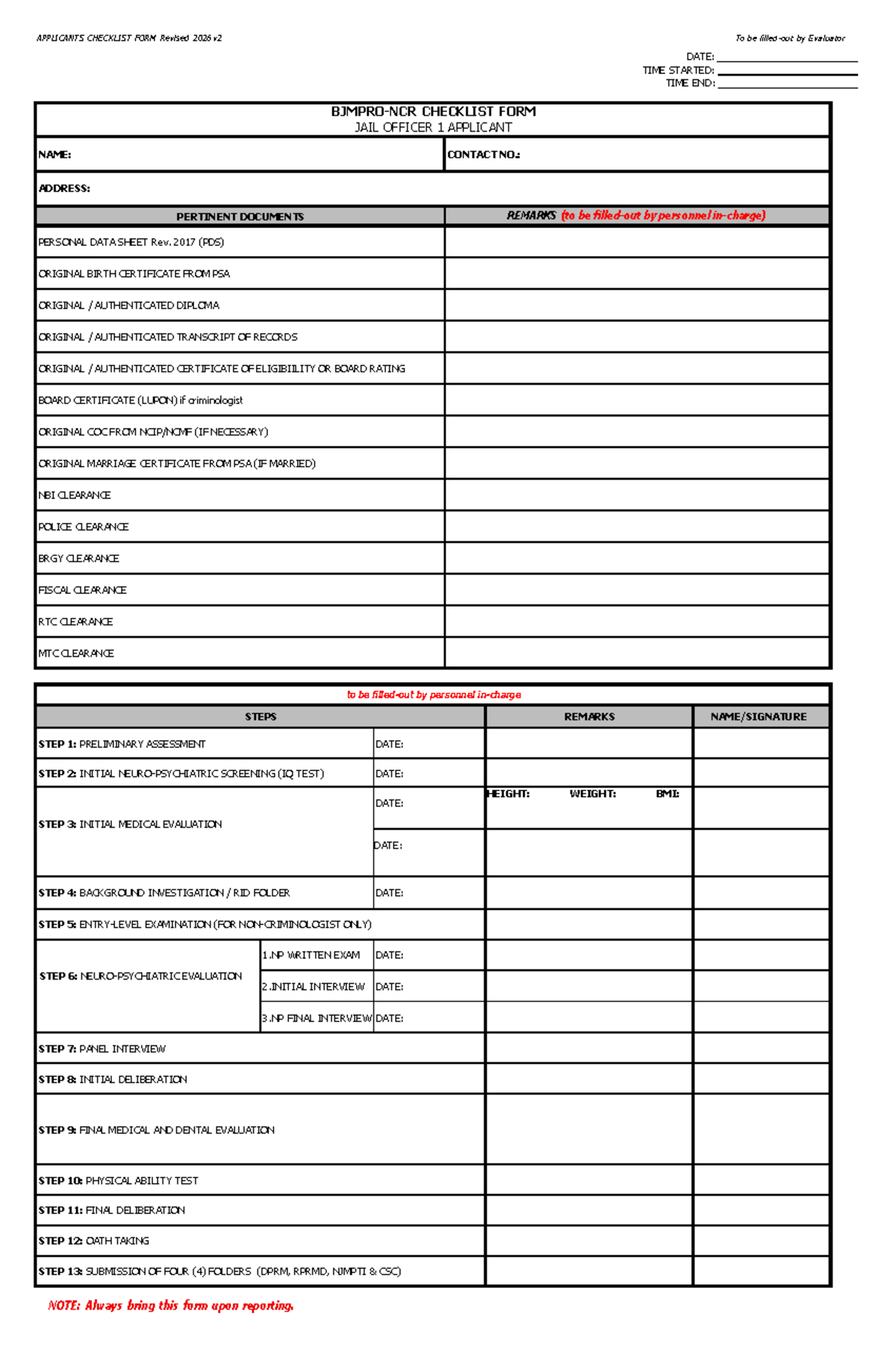 JO1 Applicants Checklist Form for Jail Officer Evaluation 2026 - Studocu
