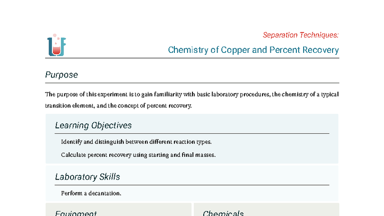 CC.1 Chemistry Lab: Copper Separation Techniques & Percent Recovery ...