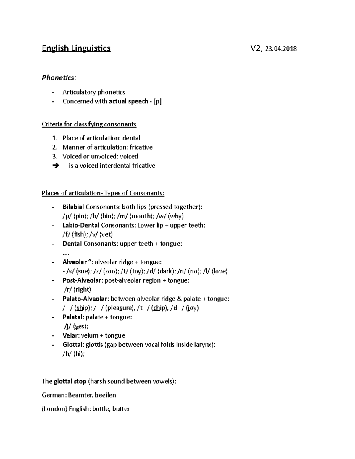 ENG 101: Phonetics and Phonology Lecture Notes and Classification Guide ...