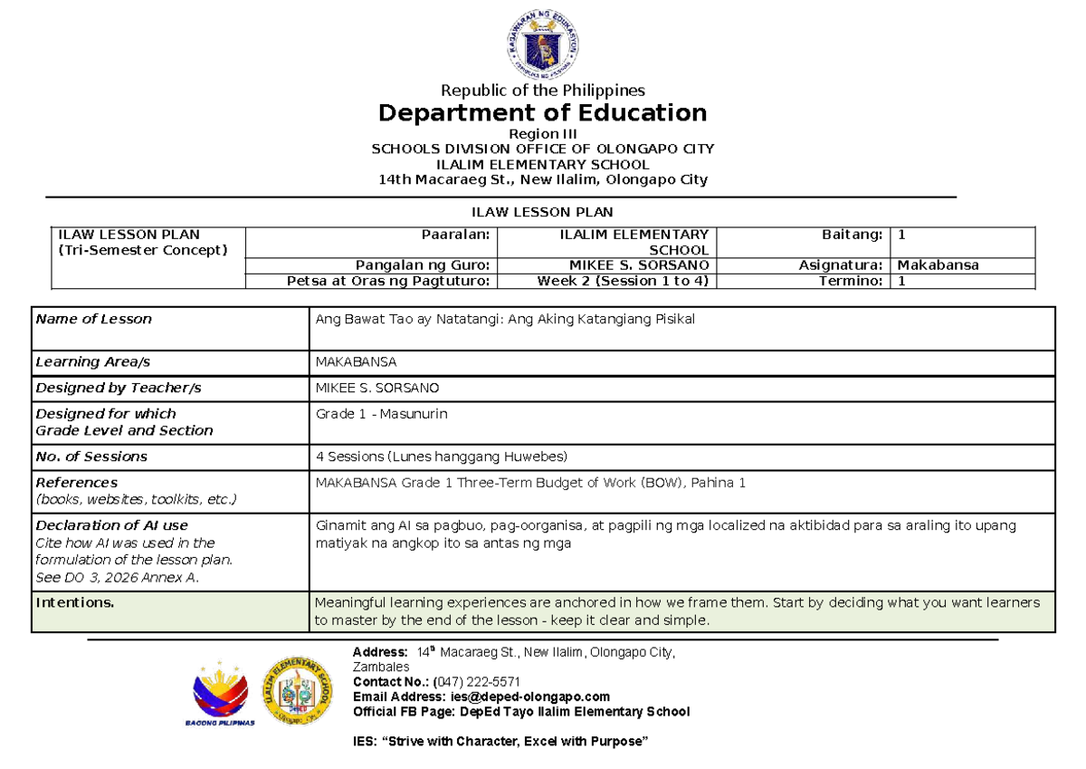 Makabansa W2 ILAW Lesson Plan for Grade 1 - Unique Physical Traits ...
