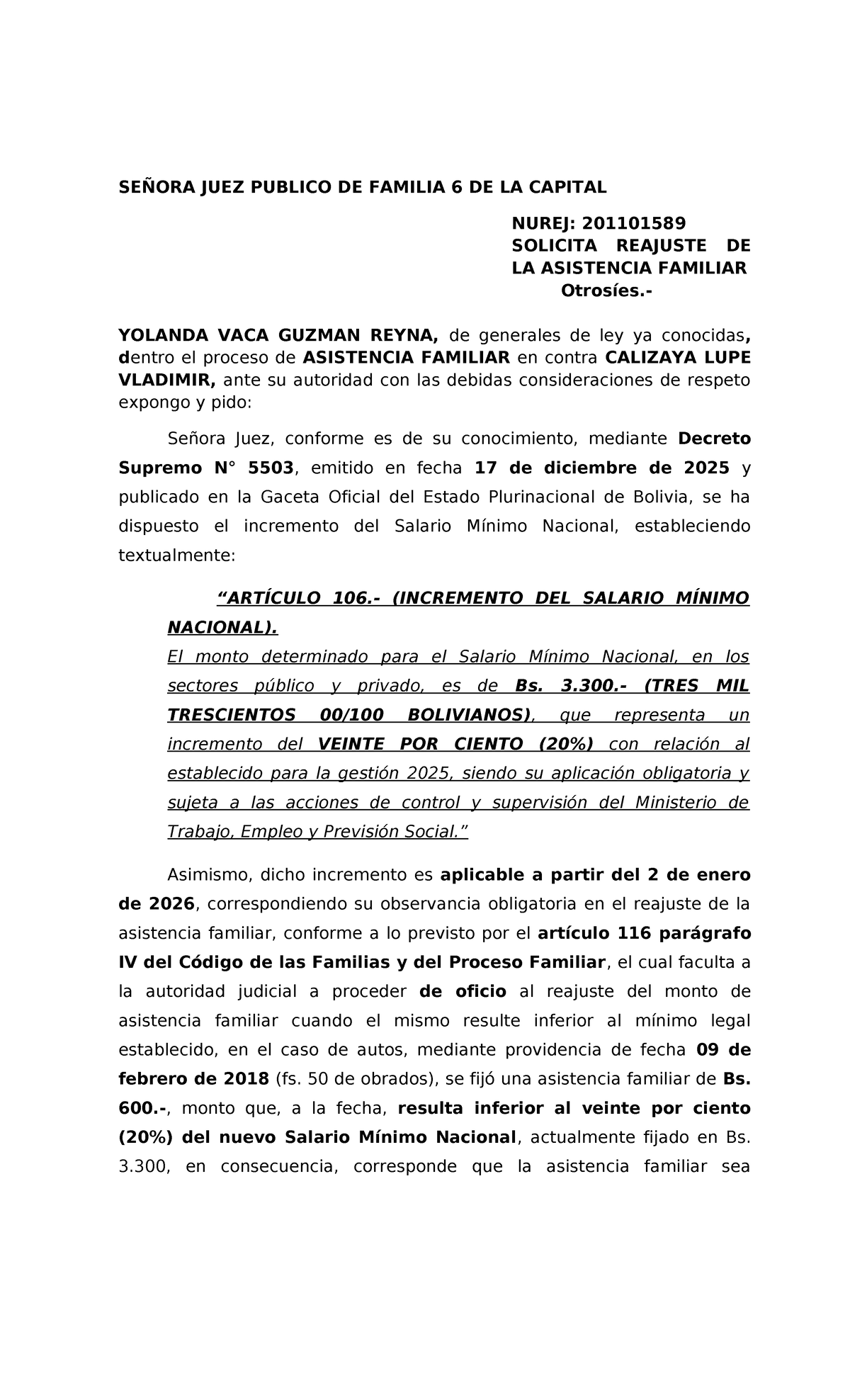 Reajuste de Asistencia Familiar - Yolanda Vaca Guzmán - Juzgado 6 - Document Preview