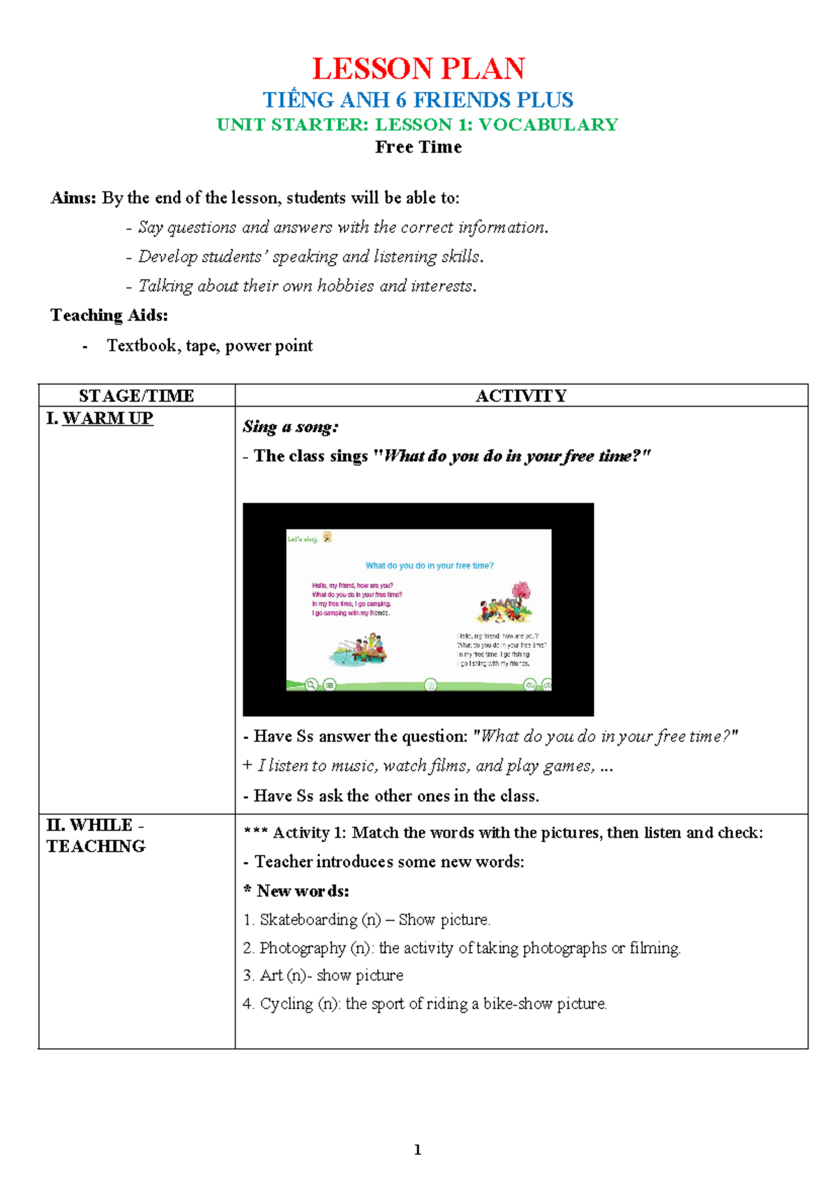 LESSON PLAN TIẾNG ANH 6 FRIENDS PLUS UNIT STARTER: VOCAB & LANGUAGE ...