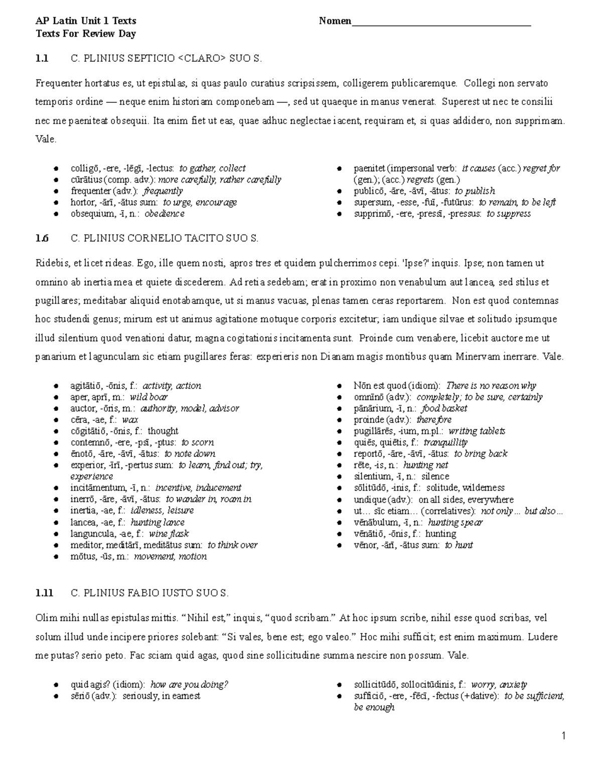 AP Latin Unit 1 Letters: Texts for Review Day - Studocu