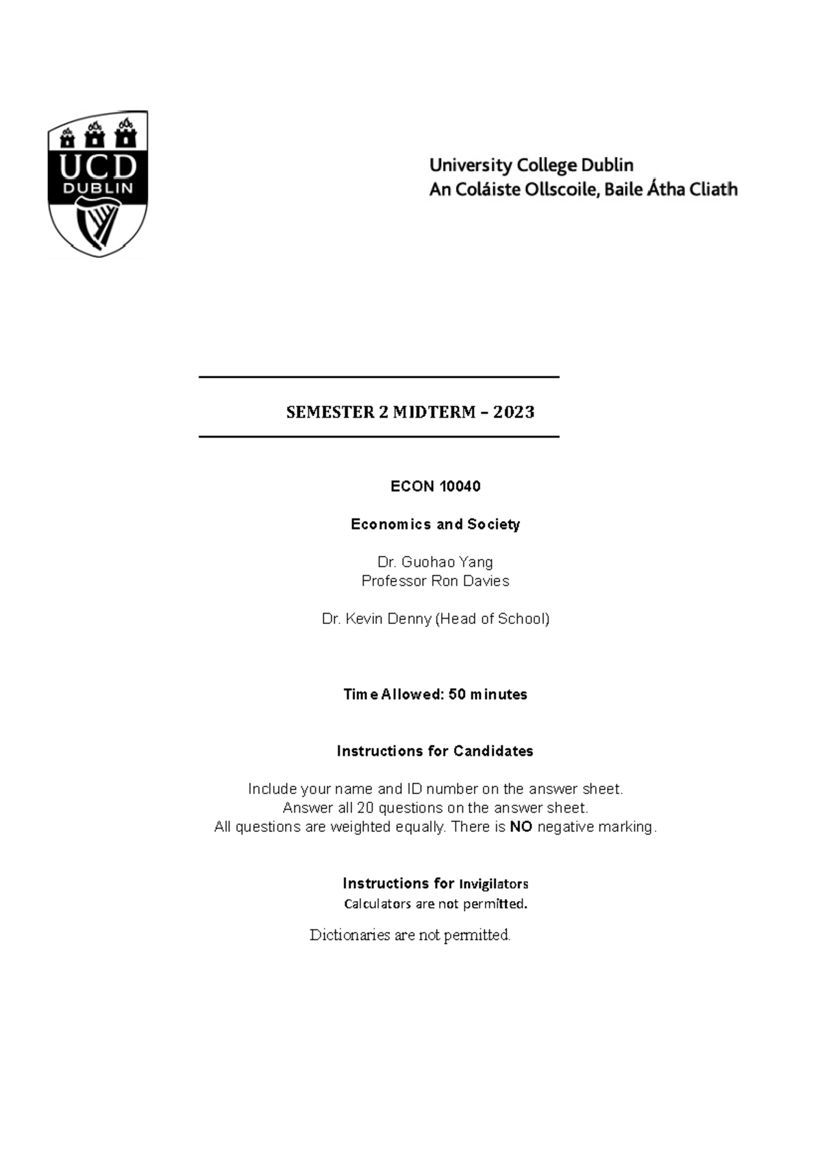 ECON 10040 Semester 2 Midterm Study Guide - 2023 - Studocu