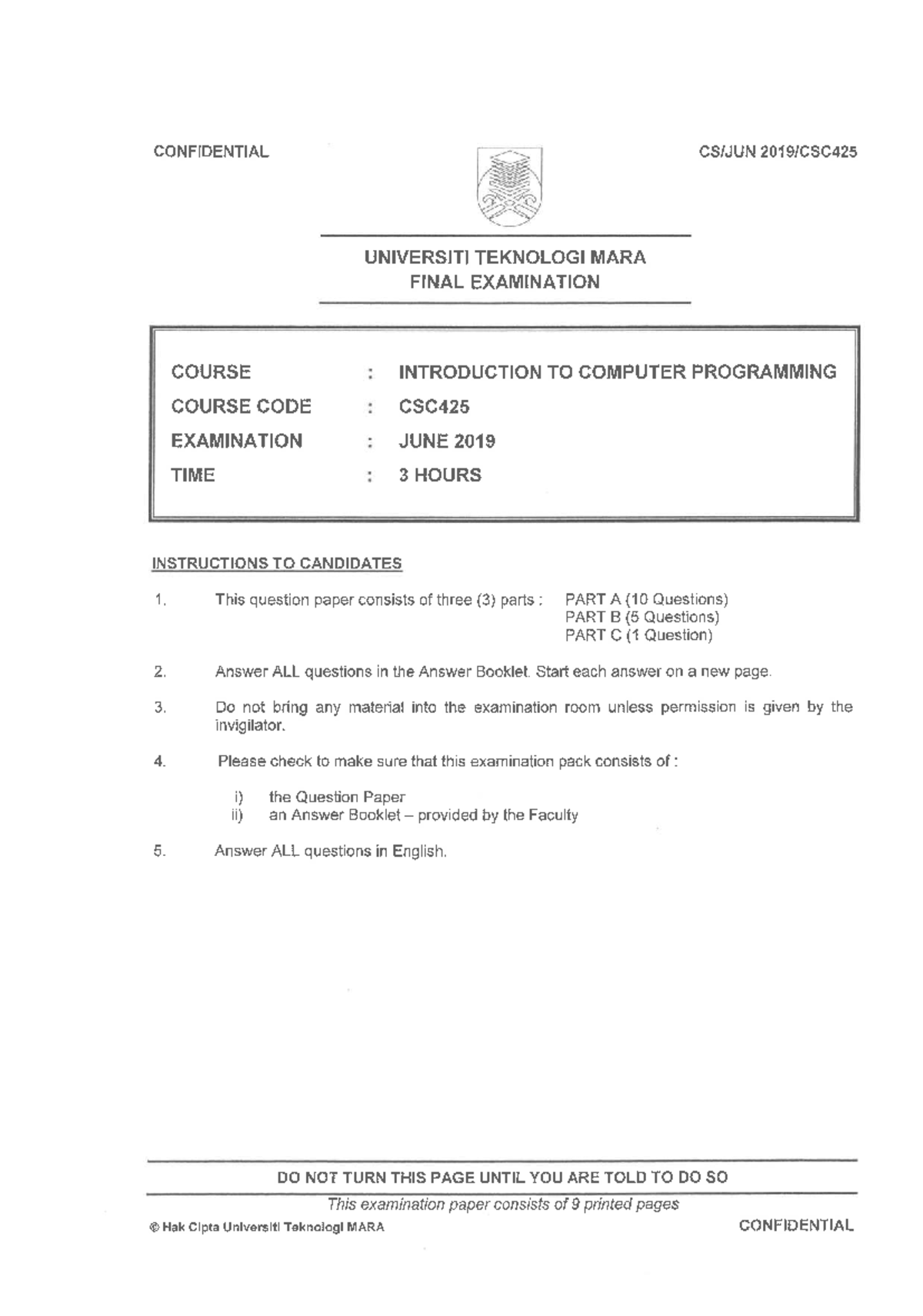 CSC425 Final Exam June 2019 - Introduction to Computer Programming ...
