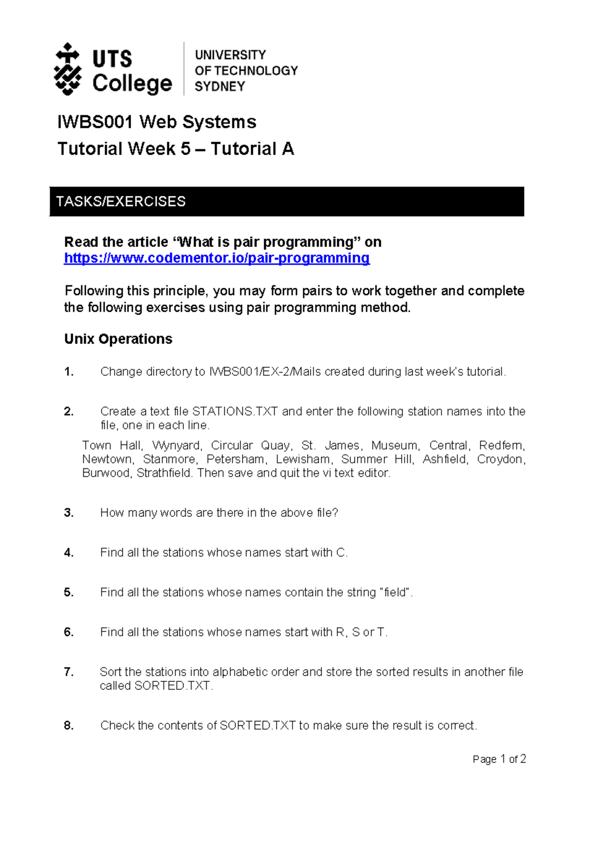 IWBS001 Web Systems Week 5 Tutorial A: Pair Programming Exercises - Studocu