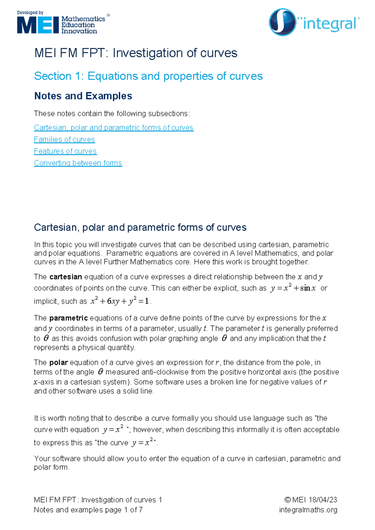 MEI FM FPT: Curves Investigation - Equations & Properties Notes - Studocu