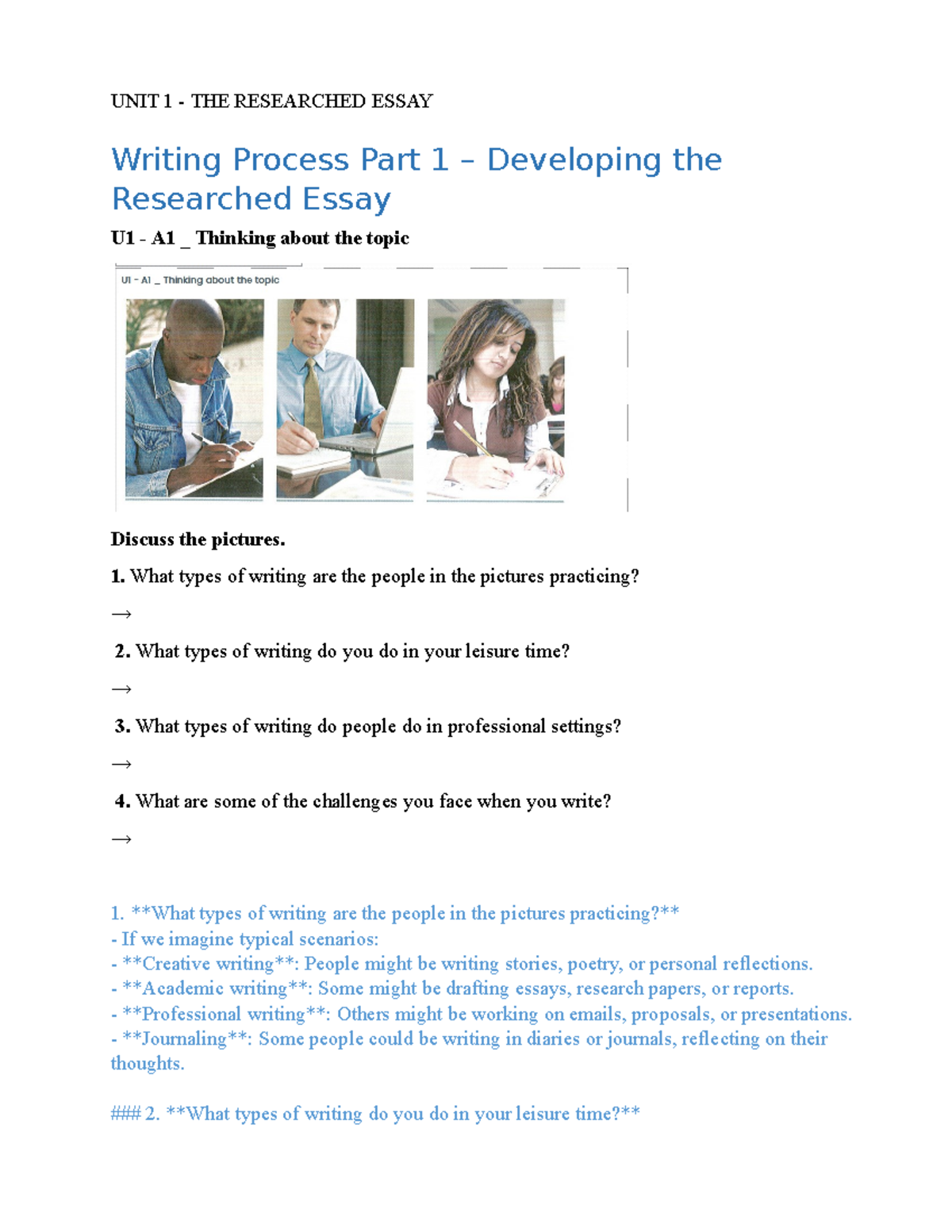 U1 A1 Developing the Researched Essay: Writing Process Insights - Studocu
