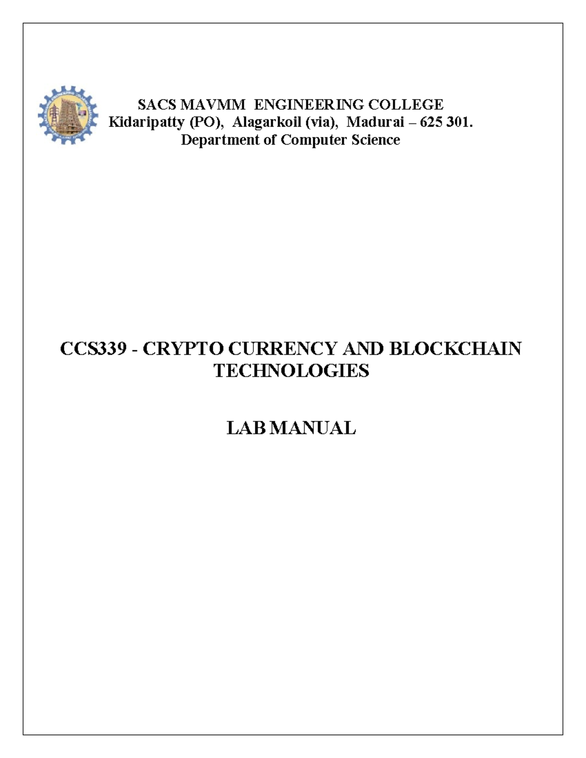 CCS339 Blockchain Technologies Lab Manual: Experiments & Procedures ...